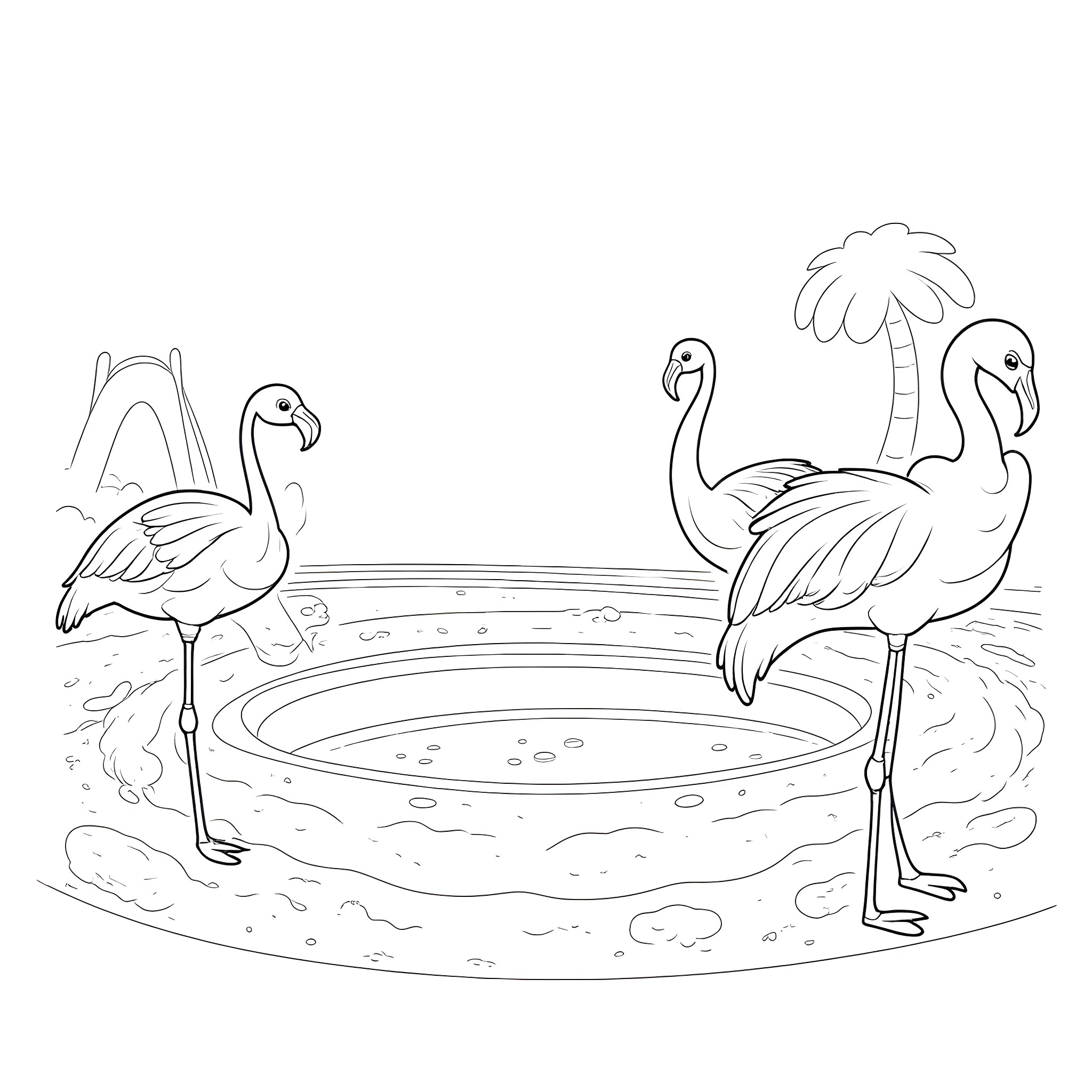 Flamingos enjoying a tranquil watering hole Coloring Page (free black-and-white line drawing printable PDF for all, from beginners to advanced learners, including children, teens, adults, and seniors)