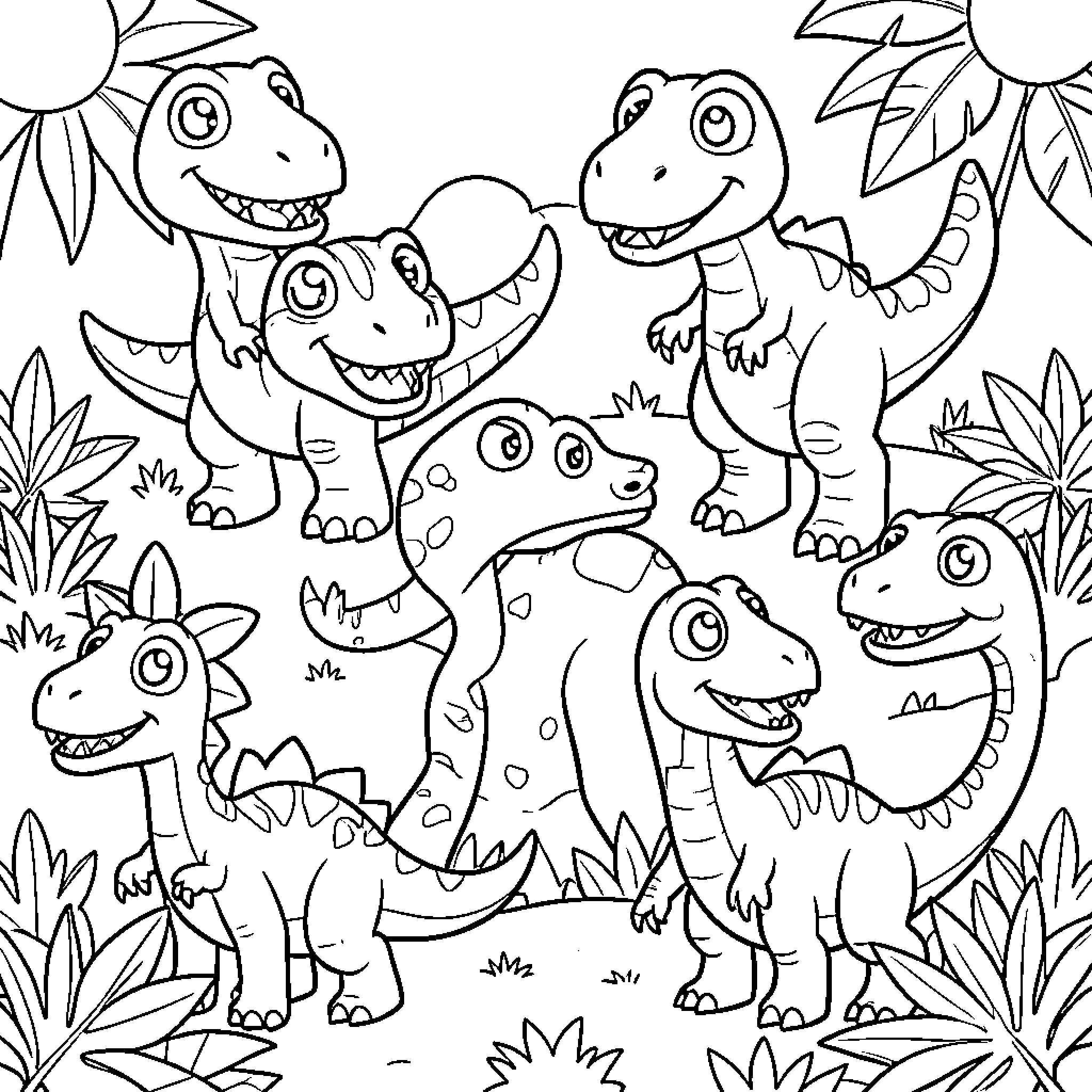 Dinosaurs Playing Happily in Jungle Setting Coloring Page (free black-and-white line drawing printable PDF for all, from beginners to advanced learners, including children, teens, adults, and seniors)