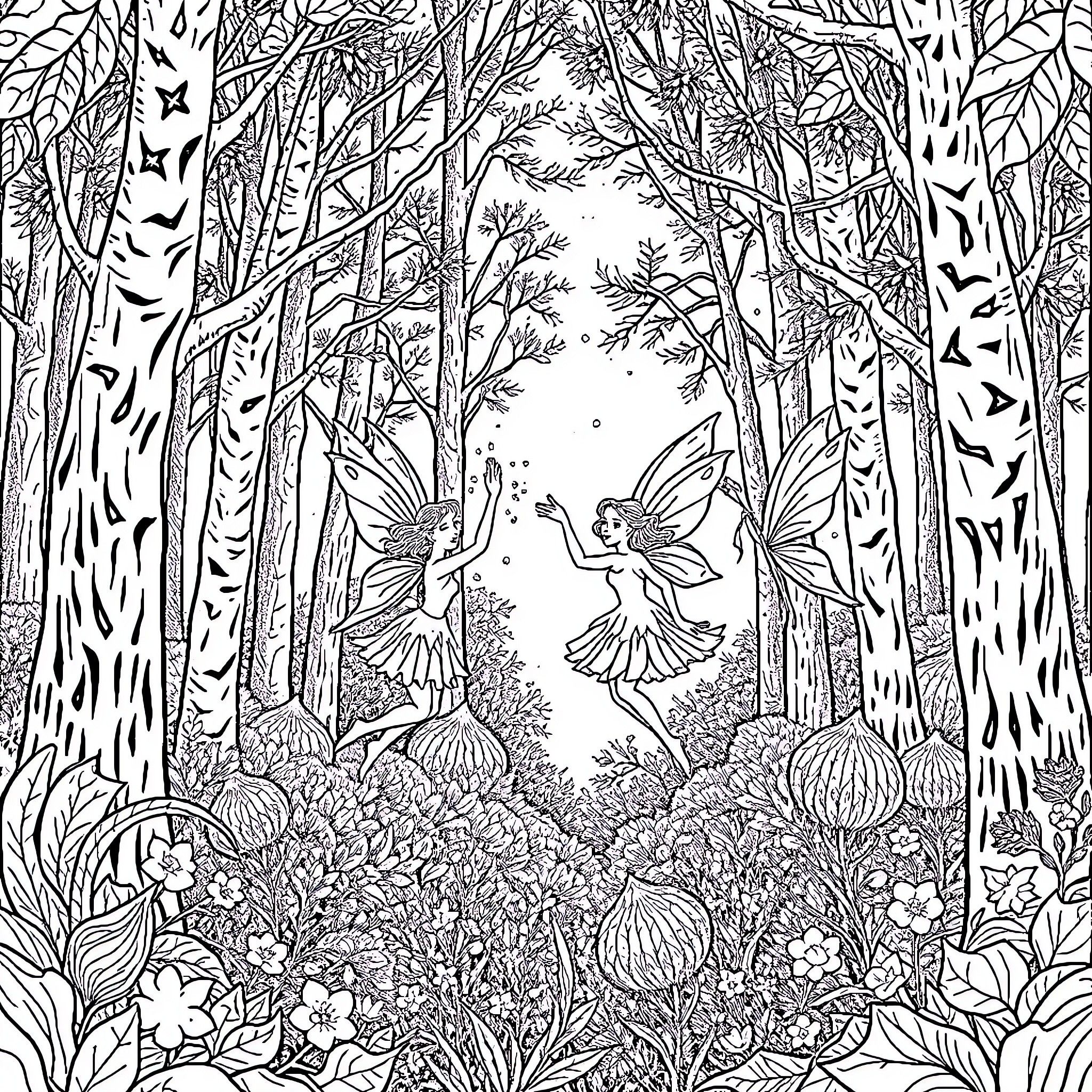 Fairy Dancers in Enchanted Forest Glade Coloring Page (free black-and-white line drawing printable PDF for all, from beginners to advanced learners, including children, teens, adults, and seniors)