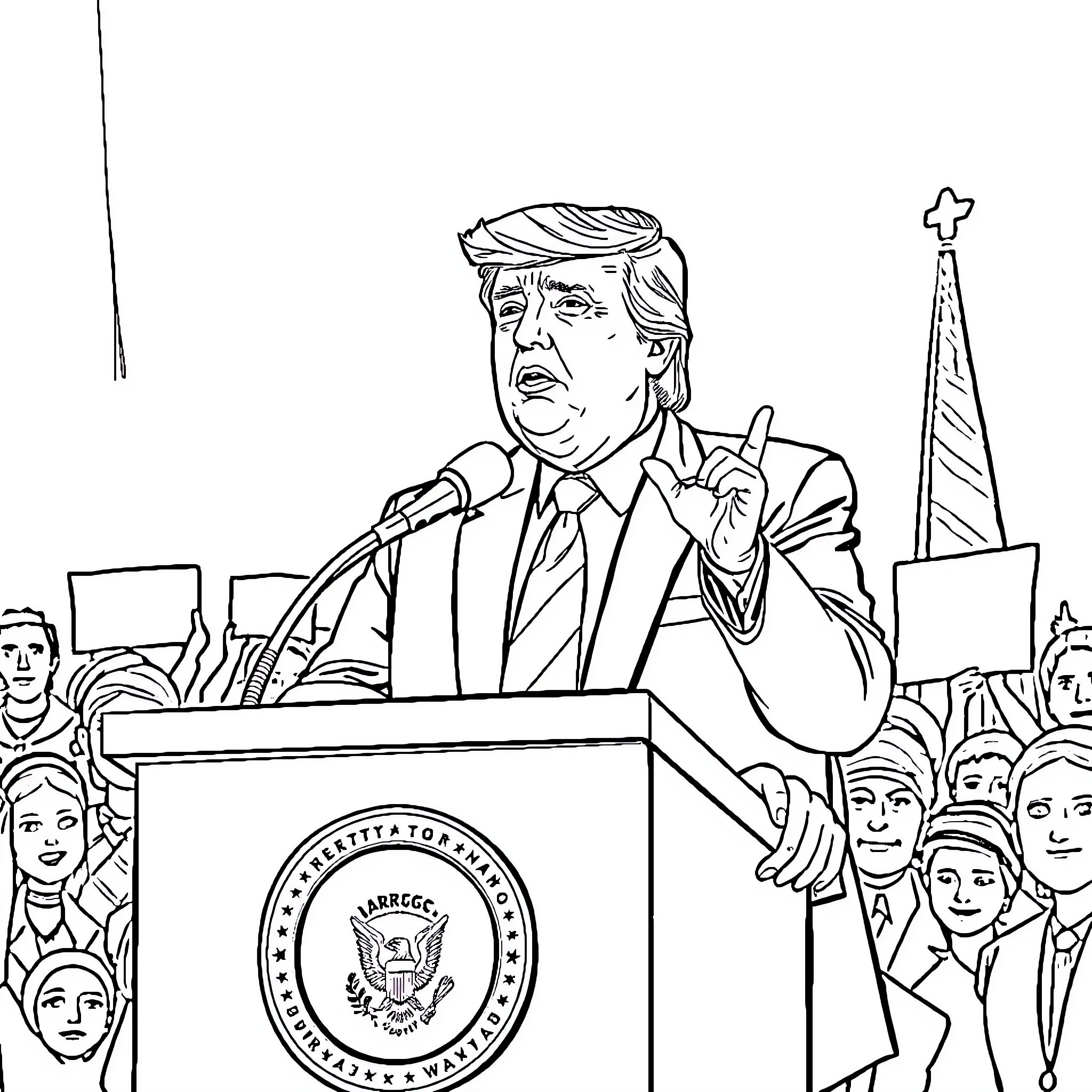 Donald Trump Delivering Speech at Podium Coloring Page (free black-and-white line drawing printable PDF for all, from beginners to advanced learners, including children, teens, adults, and seniors)