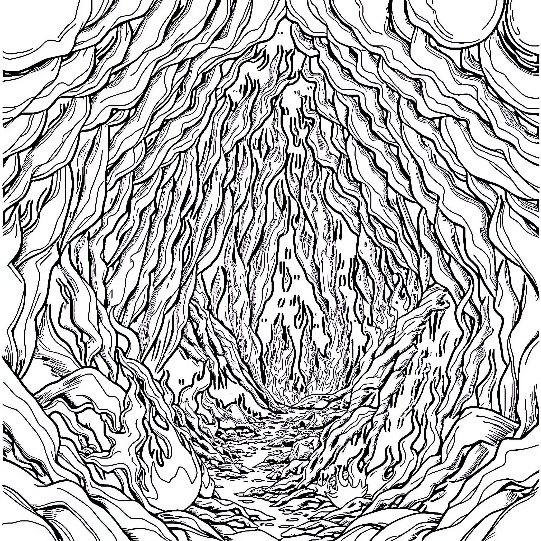 Jahannam - Tunnel of Torment Coloring Page (free black-and-white line drawing printable PDF for all, from beginners to advanced learners, including children, teens, adults, and seniors)