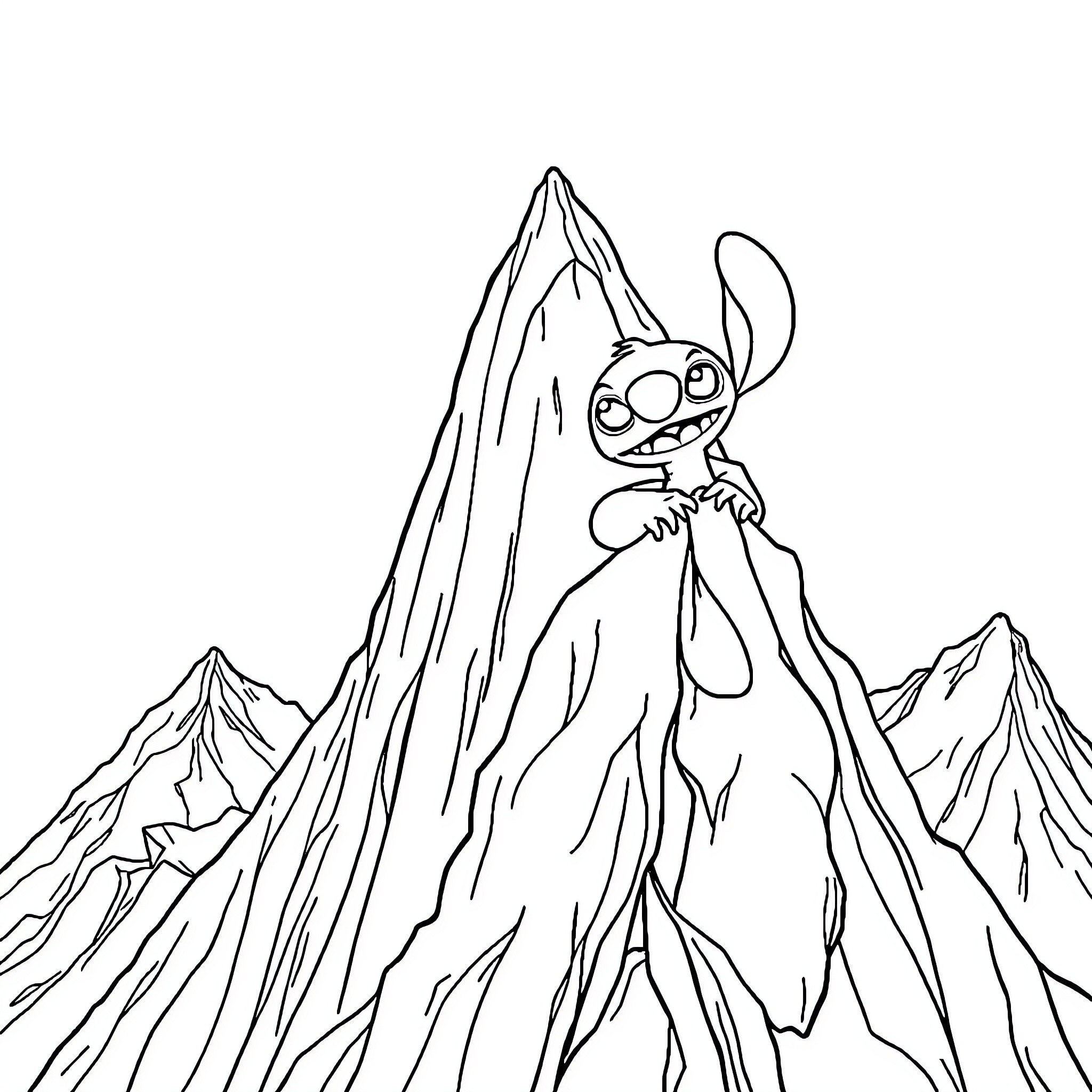 Stitch scaling majestic mountains Coloring Page (free black-and-white line drawing printable PDF for all, from beginners to advanced learners, including children, teens, adults, and seniors)