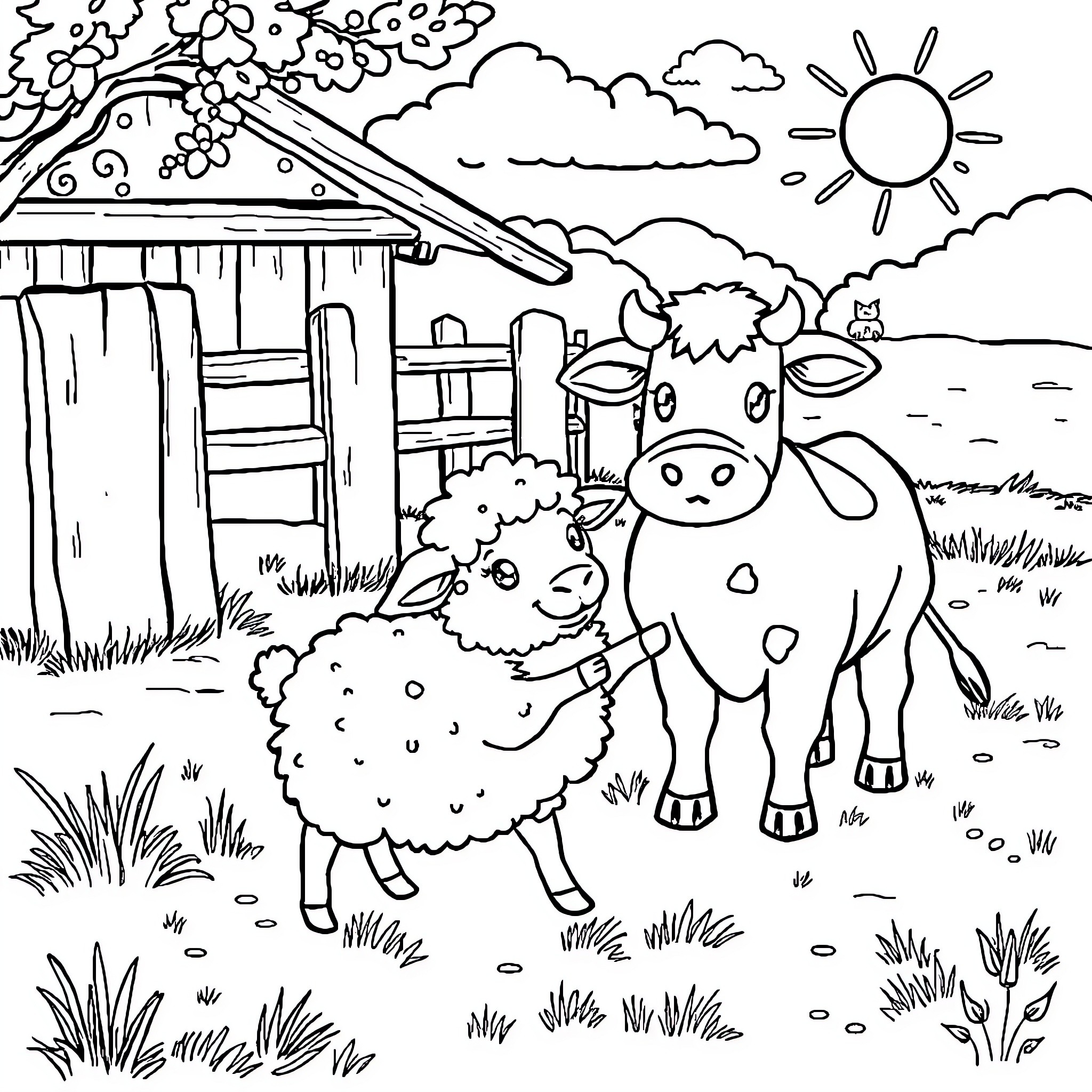 Sheep enjoying a sunny farm scene Coloring Page (free black-and-white line drawing printable PDF for all, from beginners to advanced learners, including children, teens, adults, and seniors)