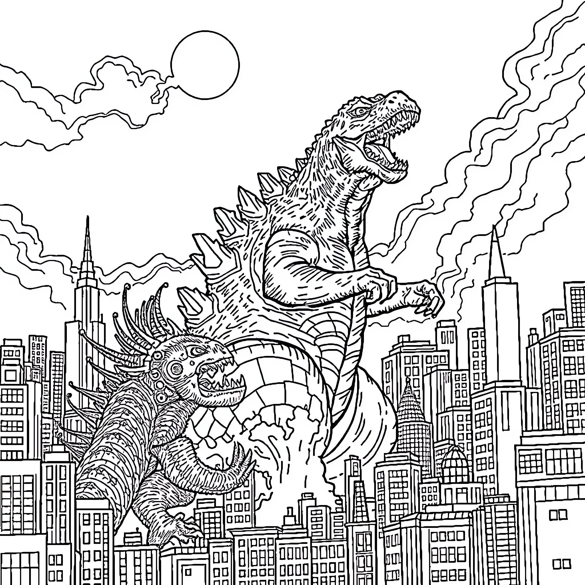 Godzilla Terrorizing the City Skyline Coloring Page (free black-and-white line drawing printable PDF for all, from beginners to advanced learners, including children, teens, adults, and seniors)