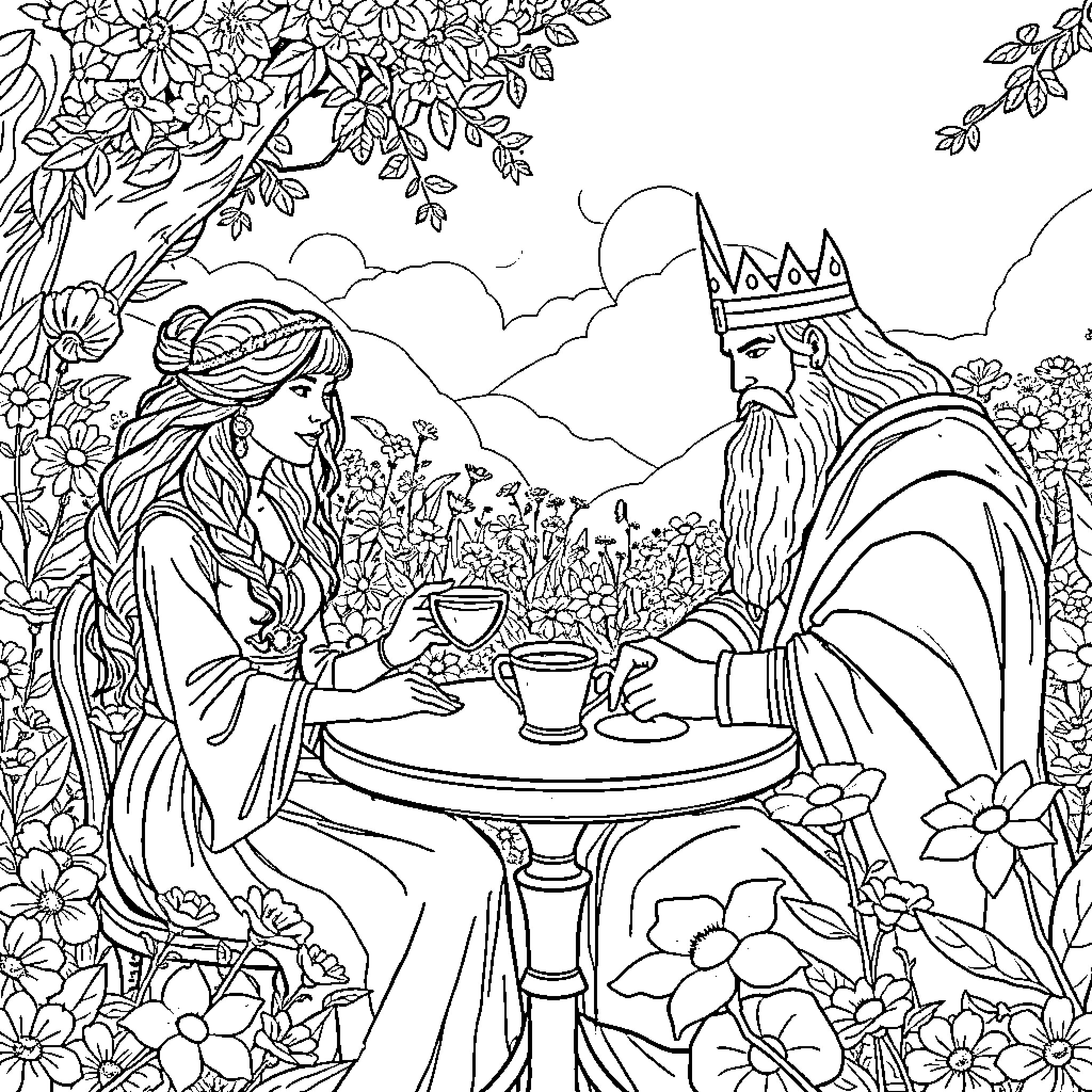 Jael's Tea Time with the Wise King Coloring Page (free black-and-white line drawing printable PDF for all, from beginners to advanced learners, including children, teens, adults, and seniors)