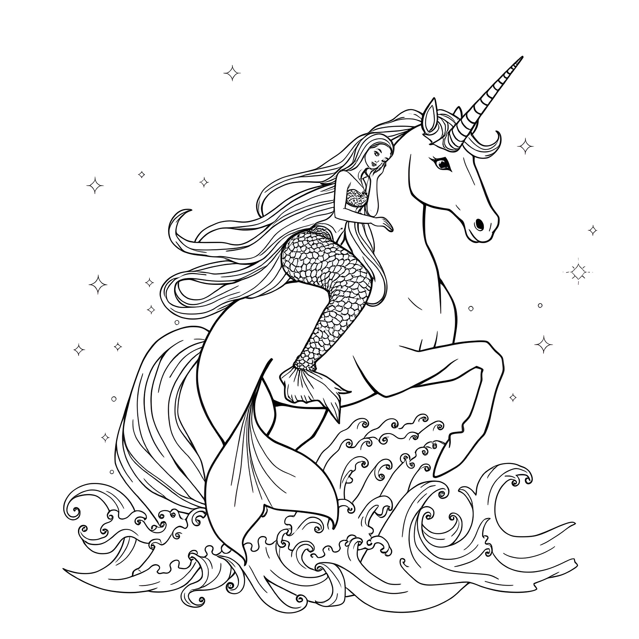 Mermaid riding a unicorn in the waves Coloring Page (free black-and-white line drawing printable PDF for all, from beginners to advanced learners, including children, teens, adults, and seniors)