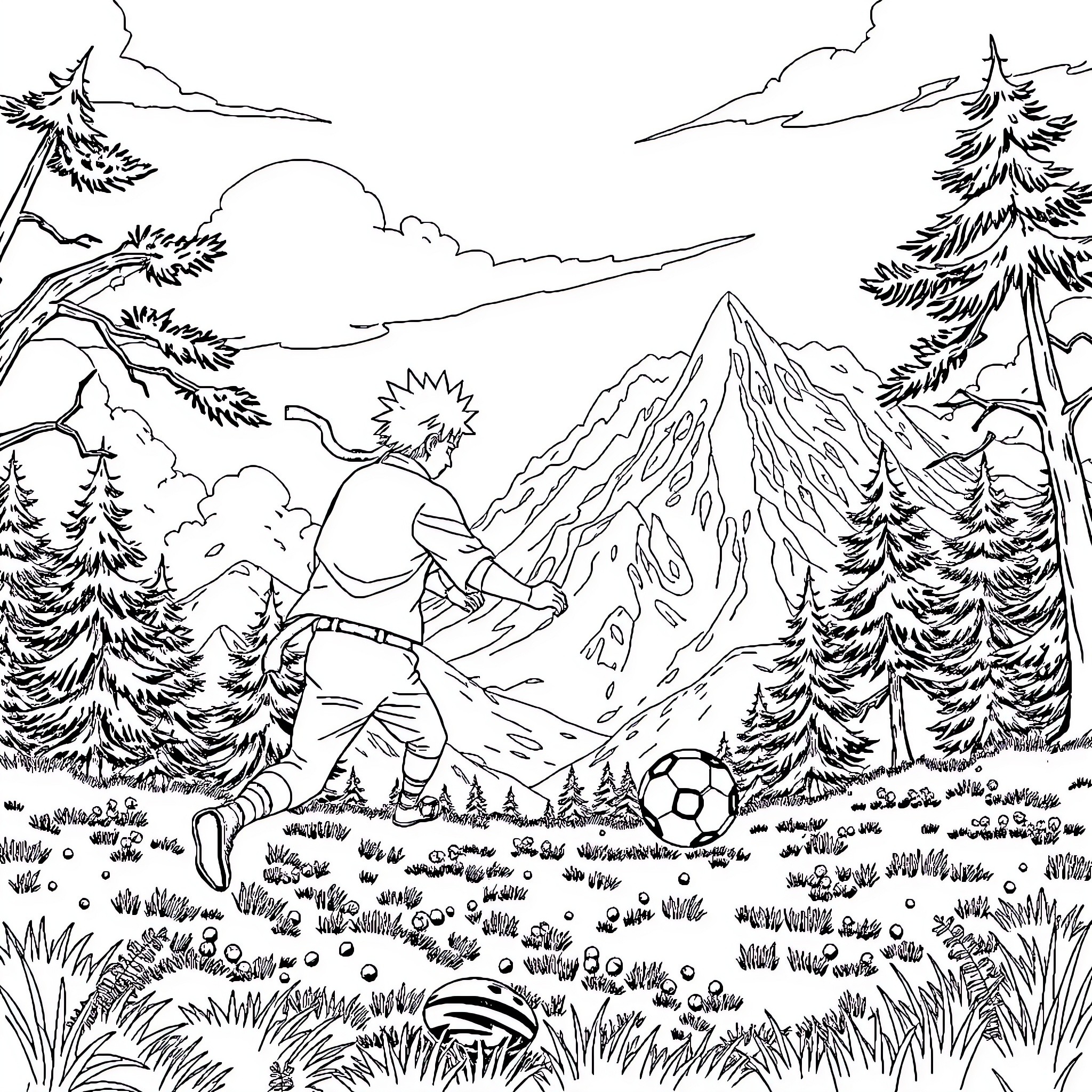 Naruto training with soccer ball in the mountains Coloring Page (free black-and-white line drawing printable PDF for all, from beginners to advanced learners, including children, teens, adults, and seniors)