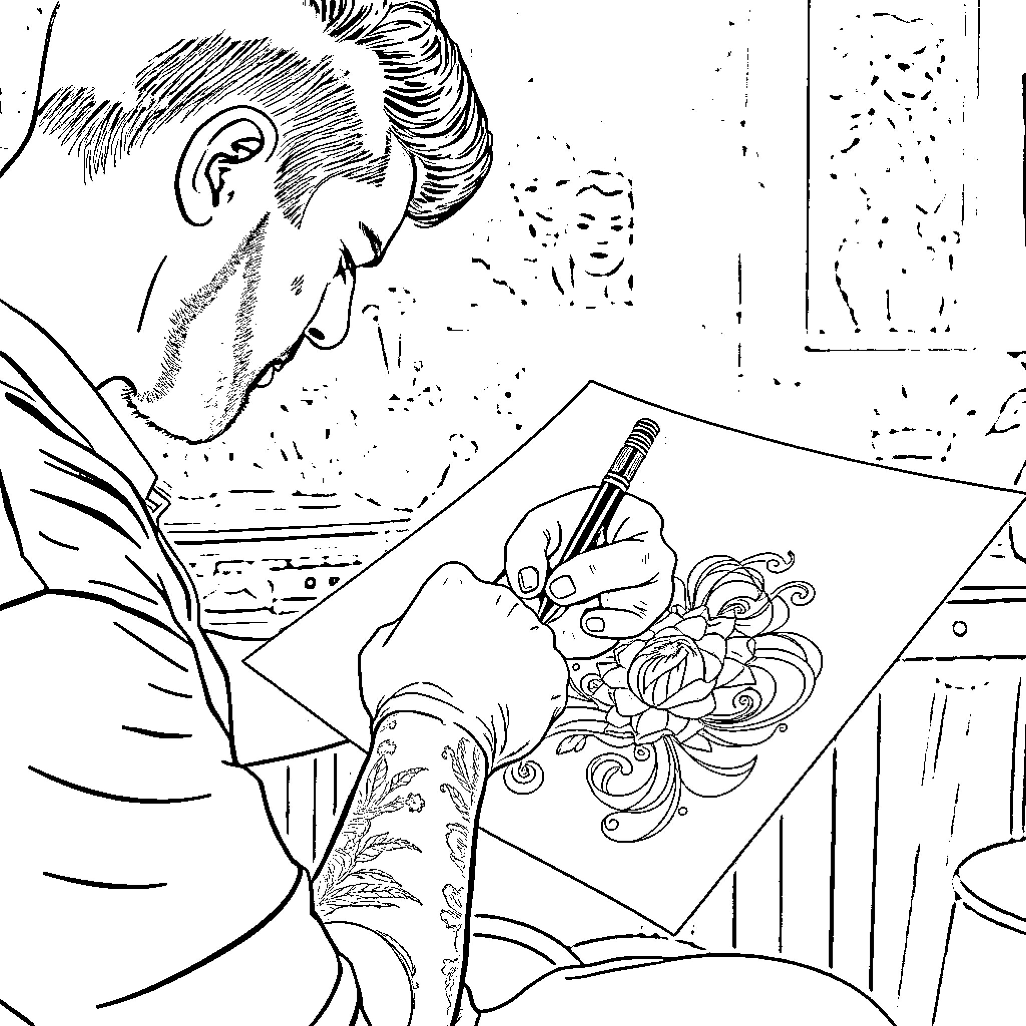 Tattoo Artist Inking Intricate Floral Design Coloring Page (free black-and-white line drawing printable PDF for all, from beginners to advanced learners, including children, teens, adults, and seniors)