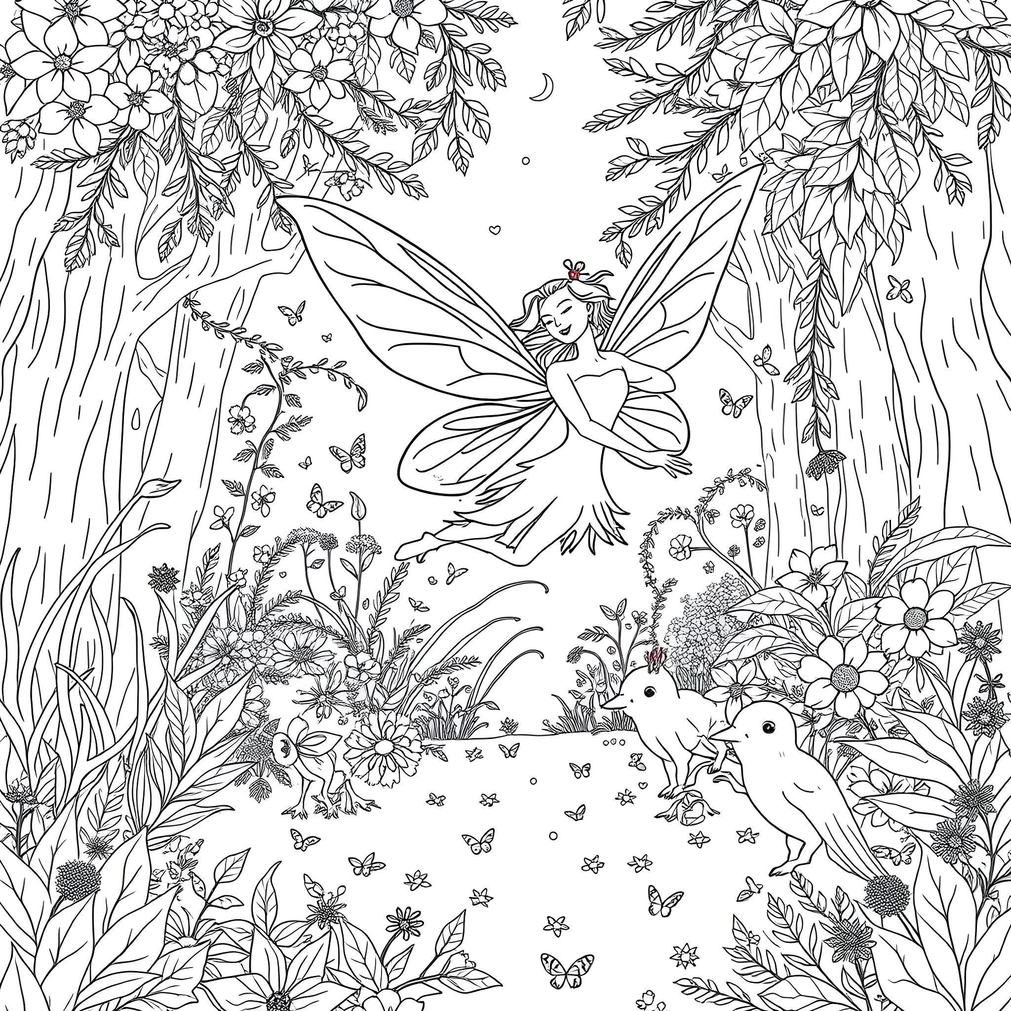 Fairy's Enchanted Garden with Floral Decorations Coloring Page (free black-and-white line drawing printable PDF for all, from beginners to advanced learners, including children, teens, adults, and seniors)