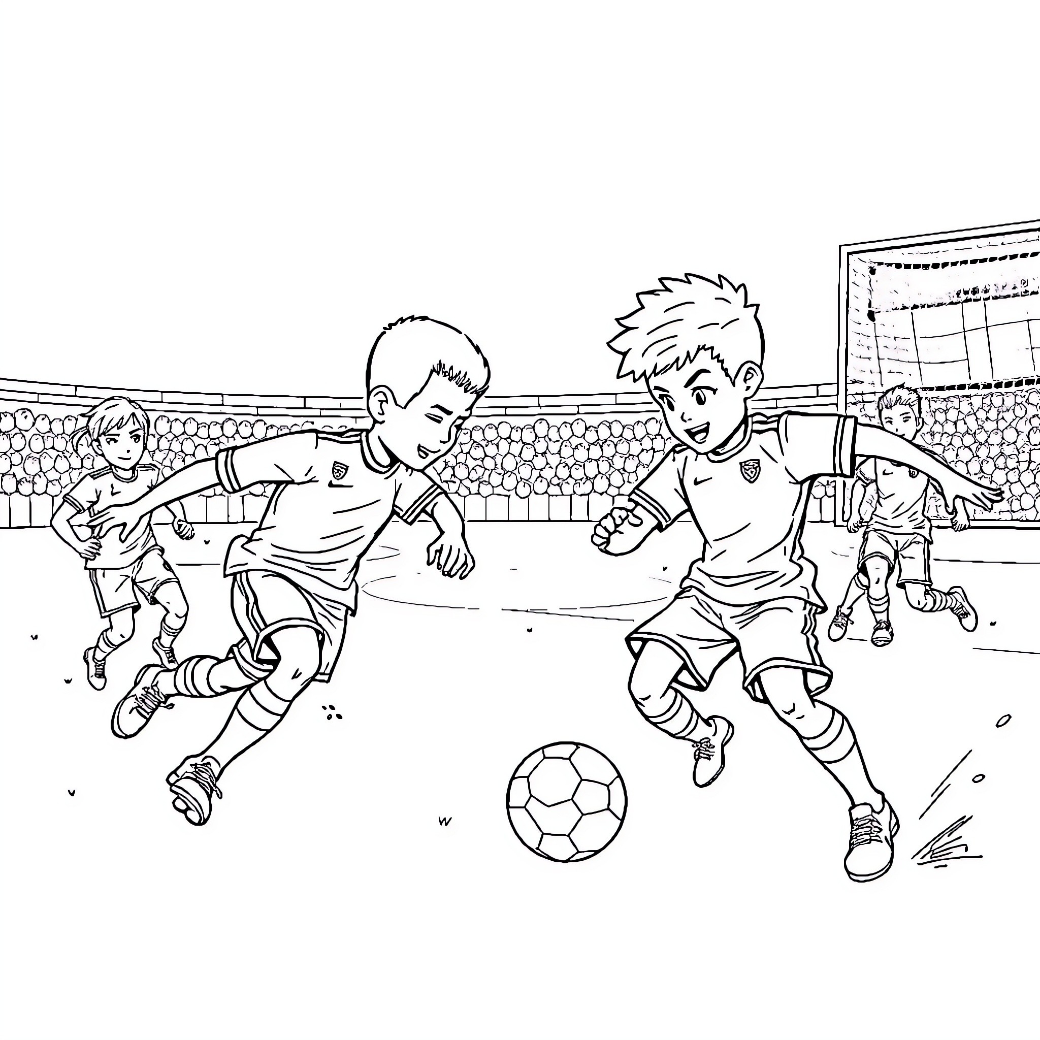 Blue Lock: Boys Playing Exciting Soccer Game Coloring Page (free black-and-white line drawing printable PDF for all, from beginners to advanced learners, including children, teens, adults, and seniors)