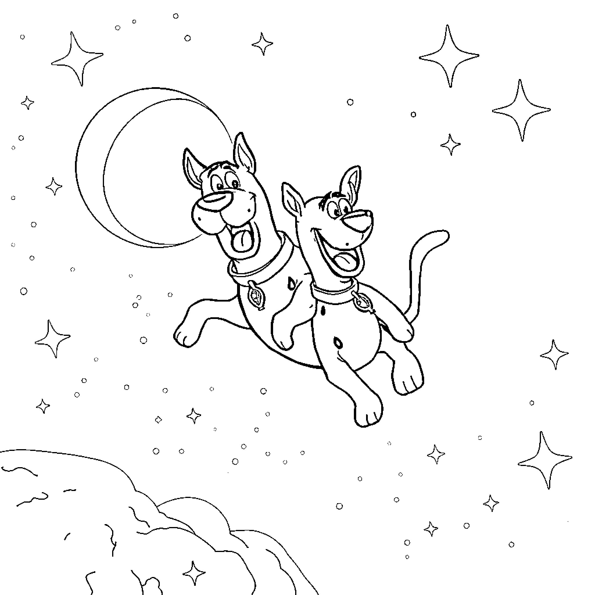 Perro chasing stars in the night sky Coloring Page (free black-and-white line drawing printable PDF for all, from beginners to advanced learners, including children, teens, adults, and seniors)