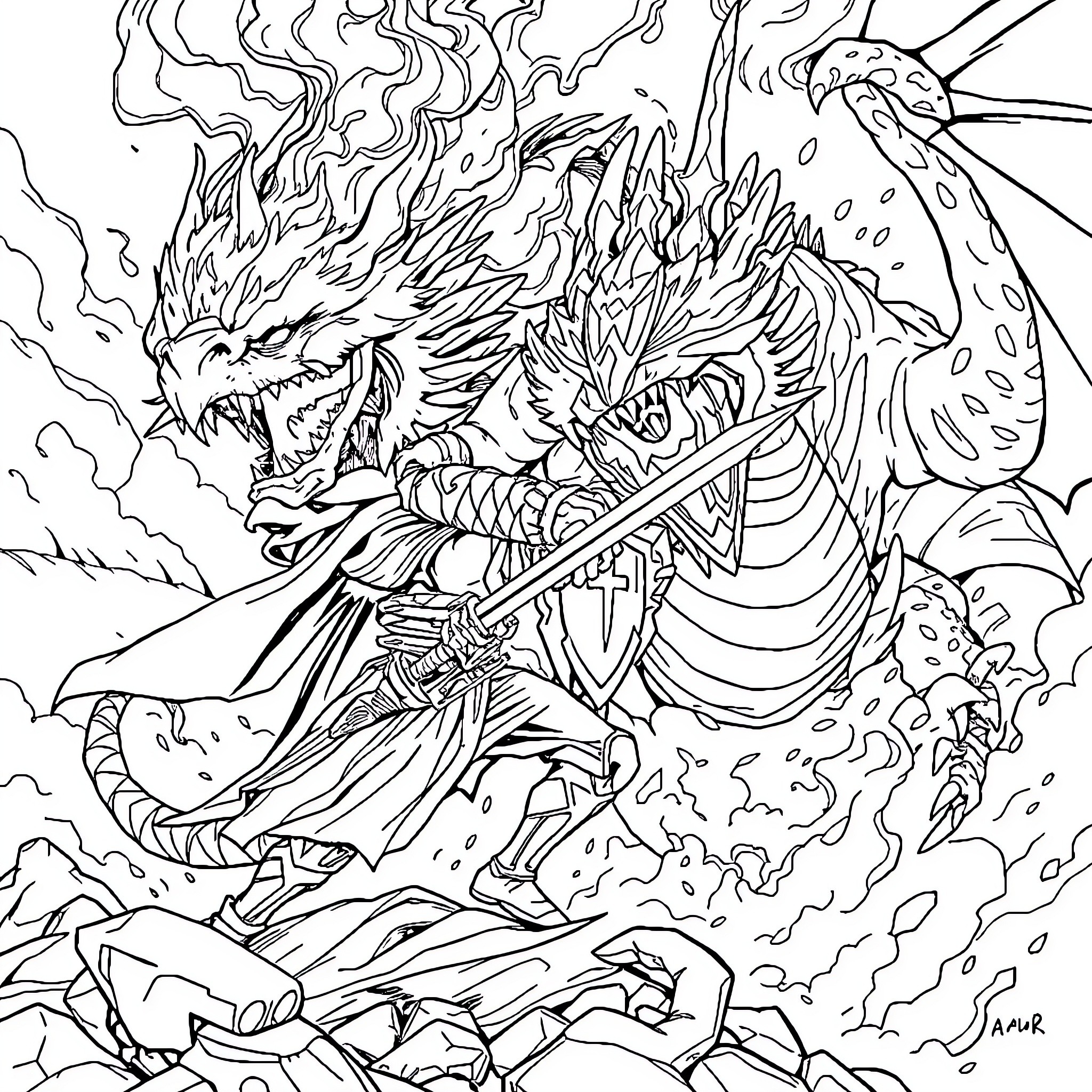 Hero battles a fiery, serpentine monster Coloring Page (free black-and-white line drawing printable PDF for all, from beginners to advanced learners, including children, teens, adults, and seniors)