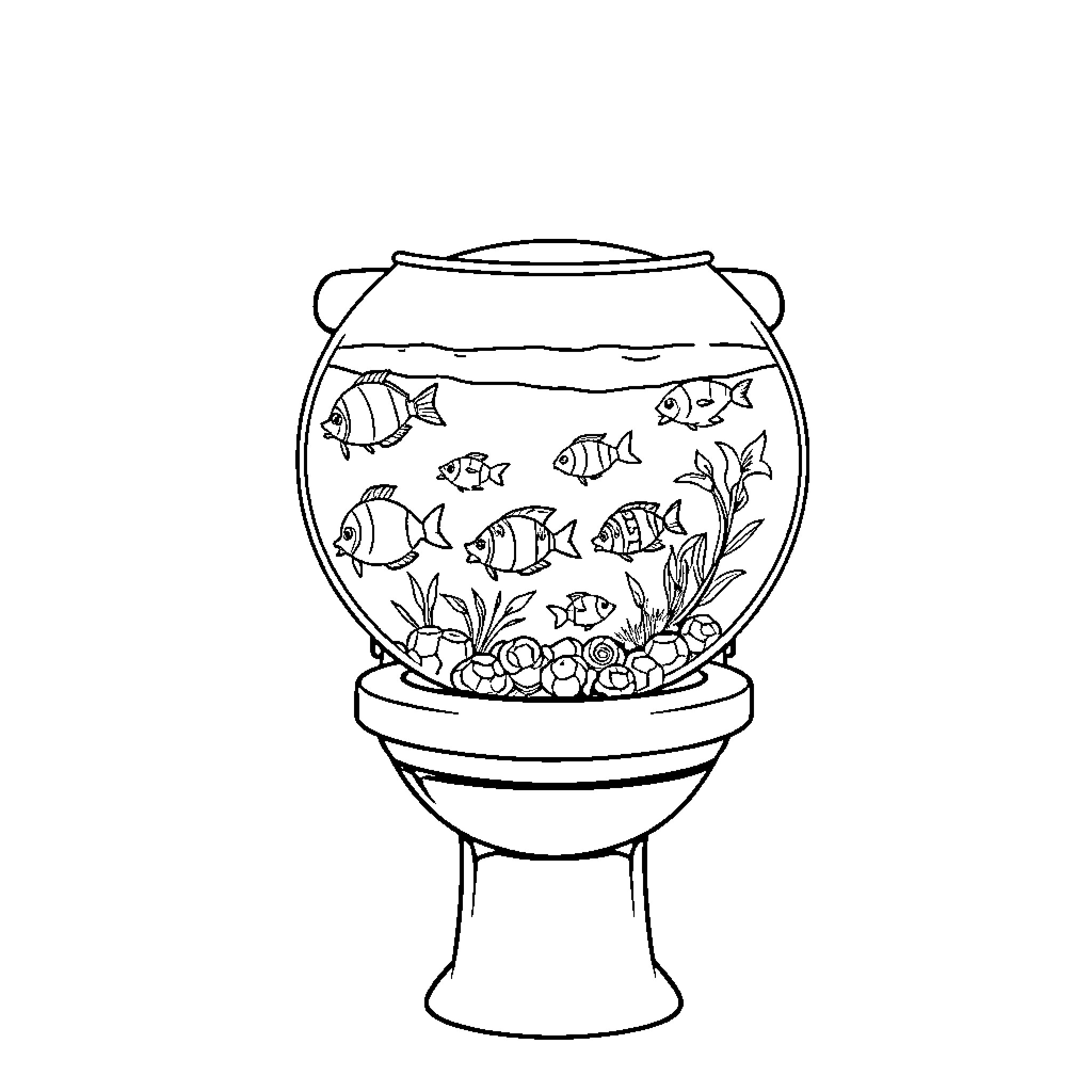 Toilet Fish Bowl with Underwater Scene Coloring Page (free black-and-white line drawing printable PDF for all, from beginners to advanced learners, including children, teens, adults, and seniors)