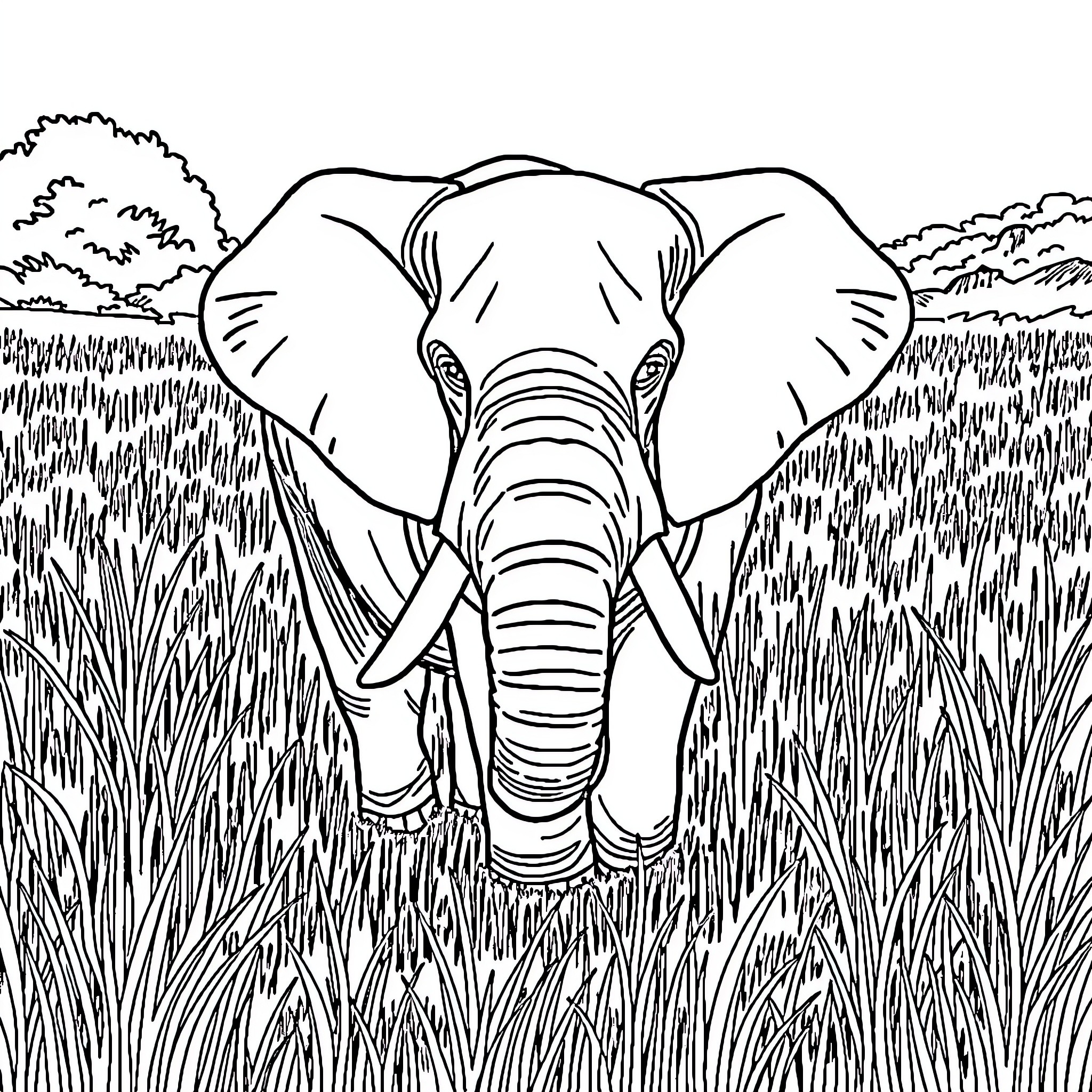 Elephant walking through tall grass Coloring Page (free black-and-white line drawing printable PDF for all, from beginners to advanced learners, including children, teens, adults, and seniors)