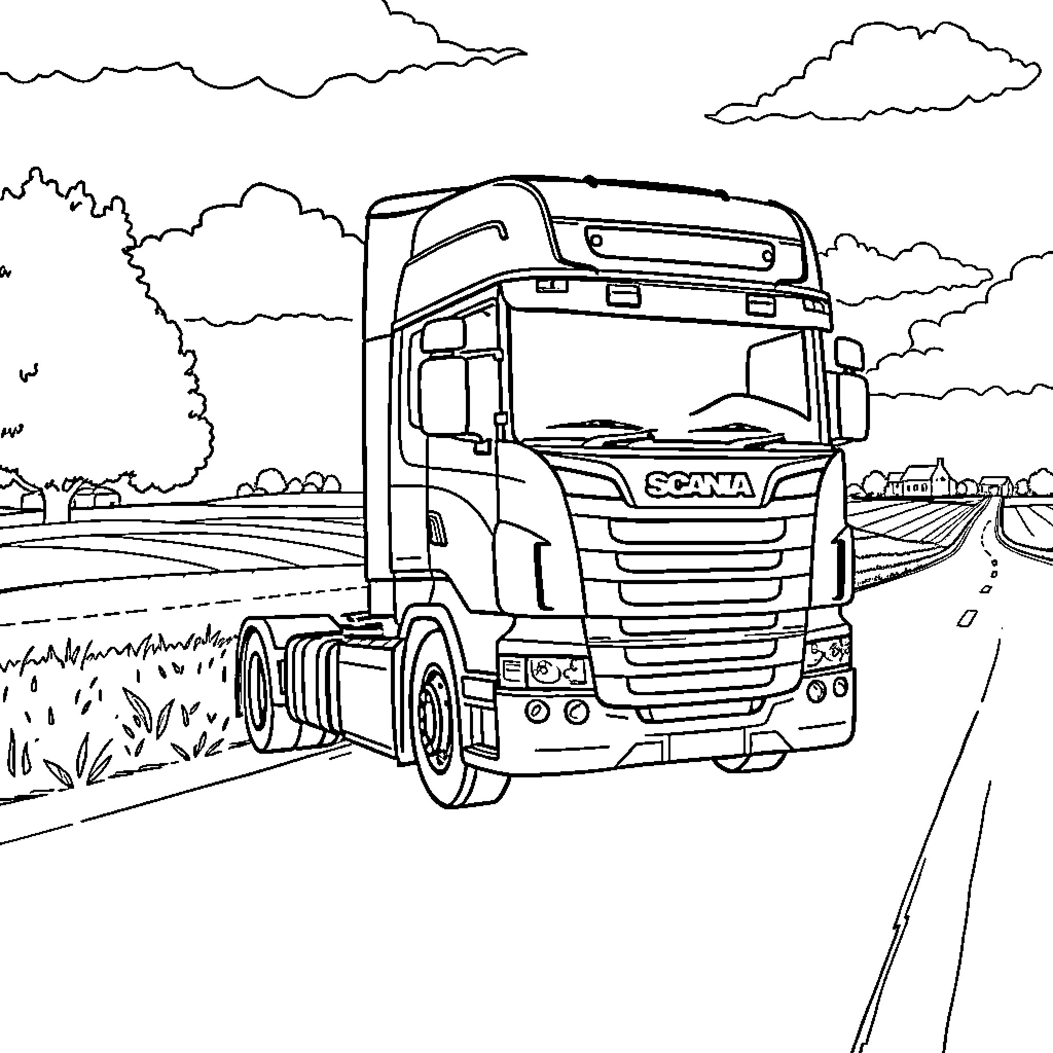 Scania truck traveling on open road Coloring Page (free black-and-white line drawing printable PDF for all, from beginners to advanced learners, including children, teens, adults, and seniors)