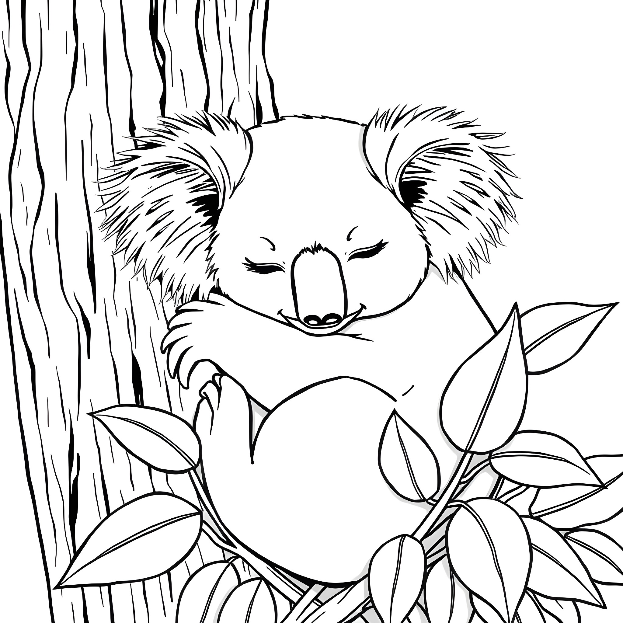 Koala sleeping peacefully in the tree Coloring Page (free black-and-white line drawing printable PDF for all, from beginners to advanced learners, including children, teens, adults, and seniors)