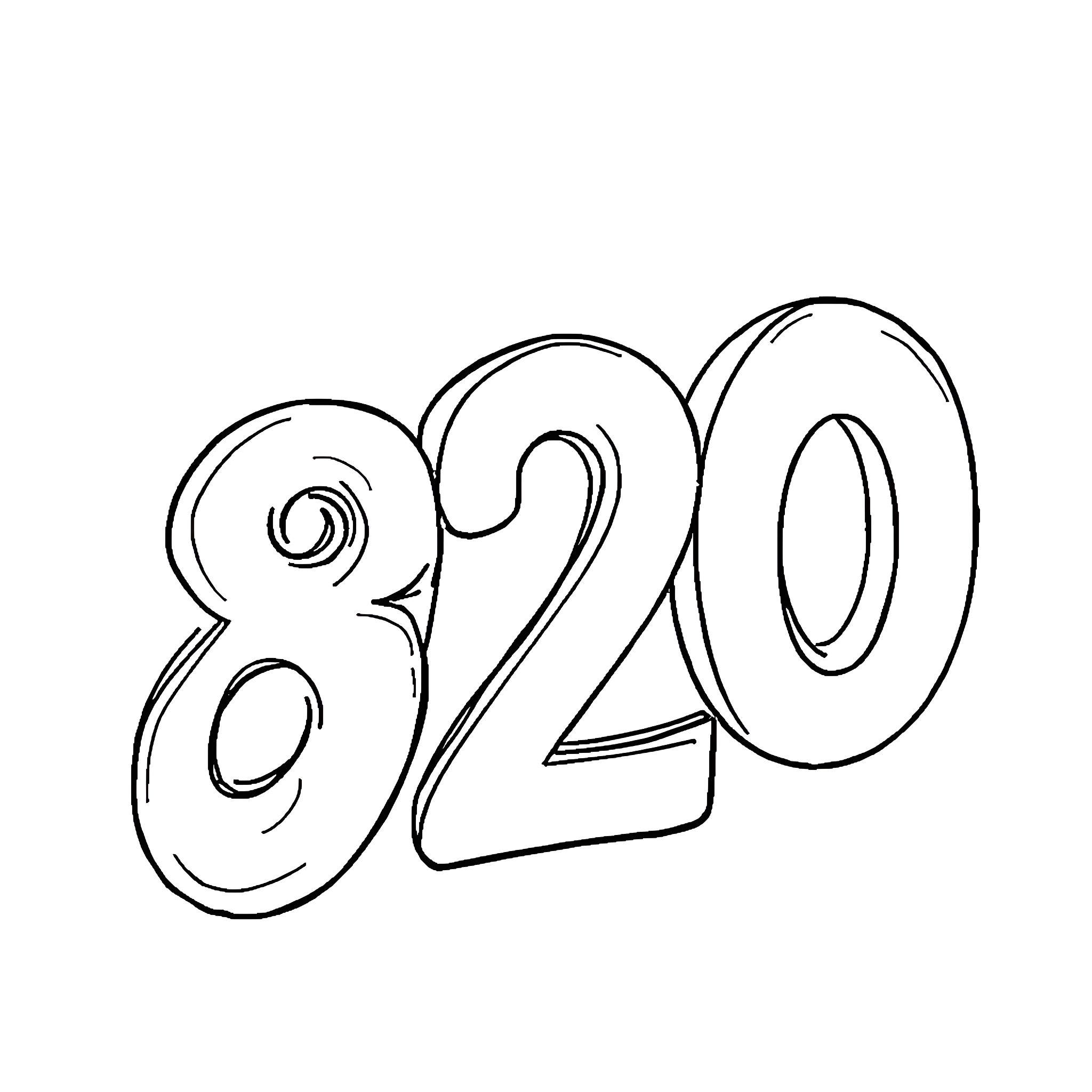 820 Swirling stylized digits on a white background Coloring Page (free black-and-white line drawing printable PDF for all, from beginners to advanced learners, including children, teens, adults, and seniors)