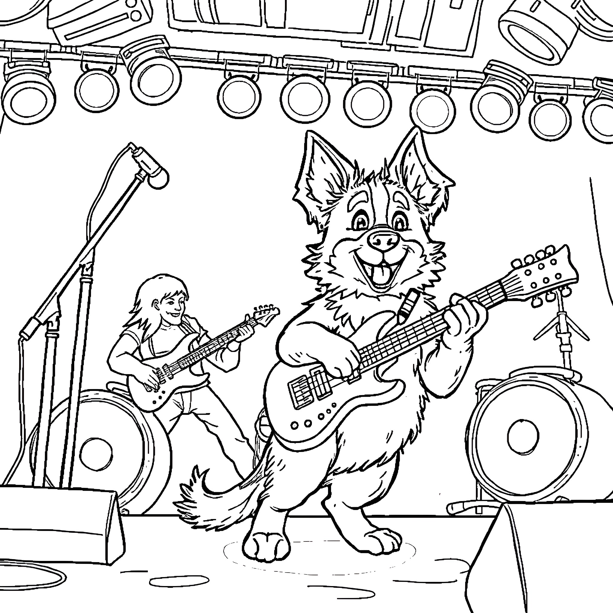 Bluey's Rockin' Stage Performance Coloring Page (free black-and-white line drawing printable PDF for all, from beginners to advanced learners, including children, teens, adults, and seniors)