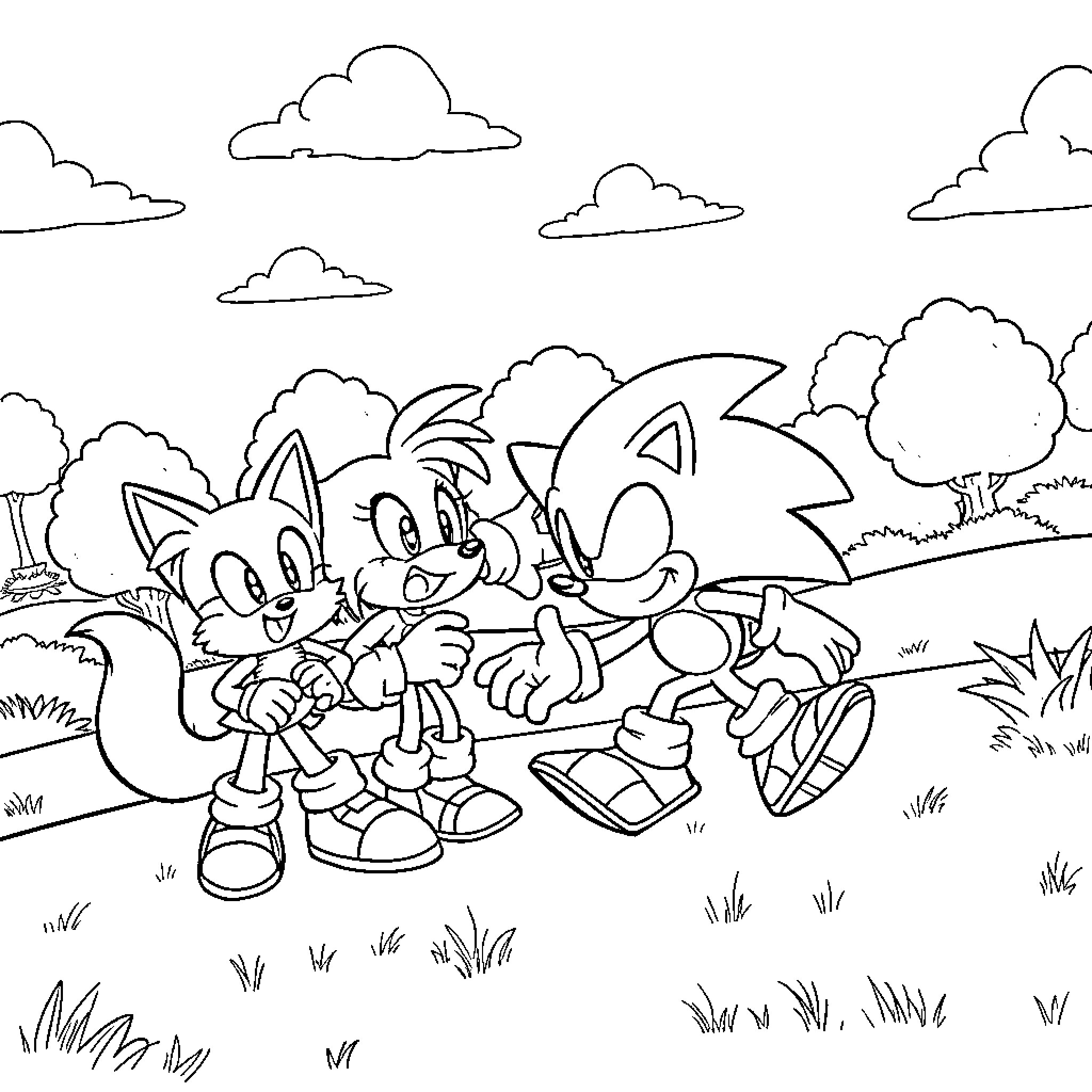 Sonic and friends having fun in the outdoors Coloring Page (free black-and-white line drawing printable PDF for all, from beginners to advanced learners, including children, teens, adults, and seniors)