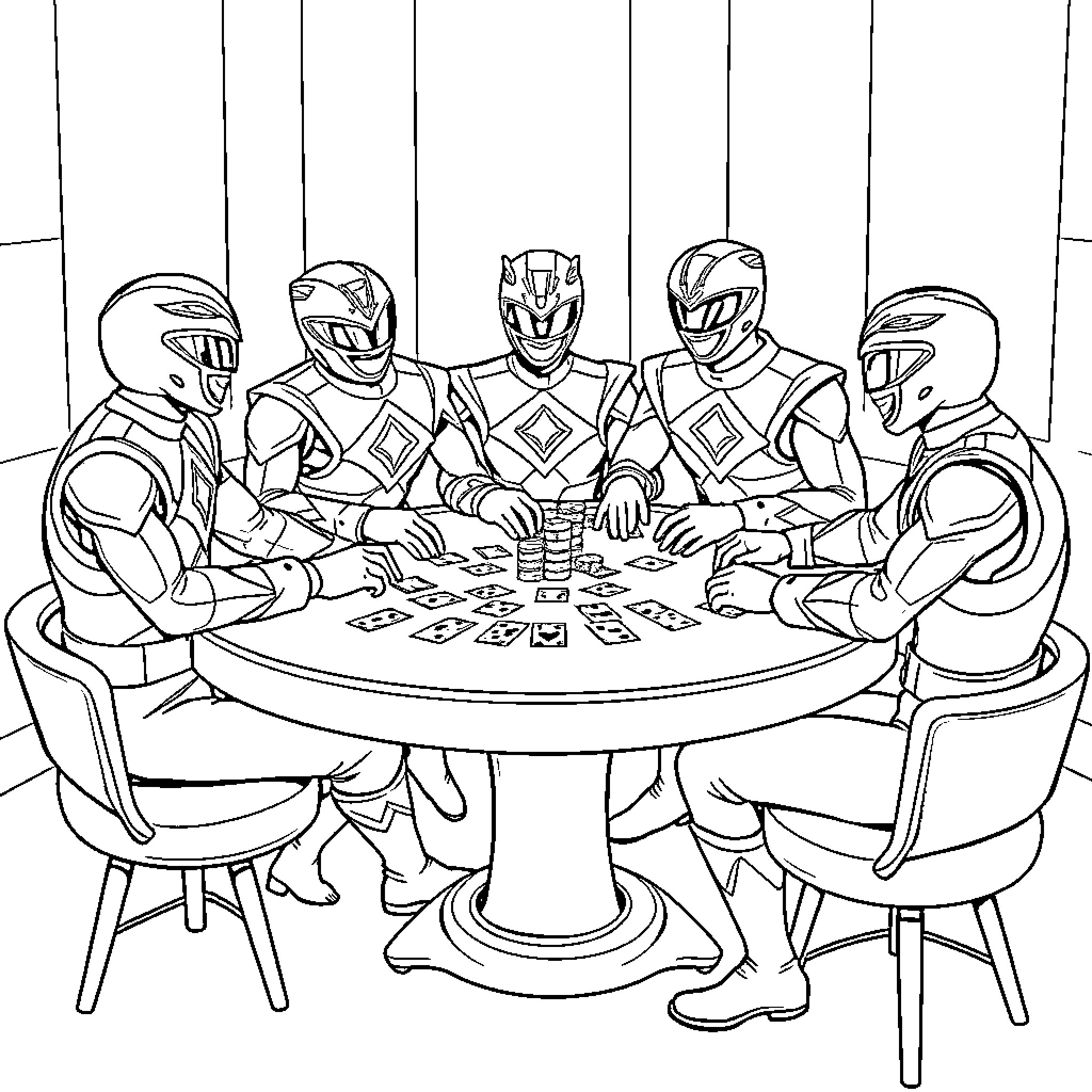 Power Rangers Strategizing at the Command Center Coloring Page (free black-and-white line drawing printable PDF for all, from beginners to advanced learners, including children, teens, adults, and seniors)