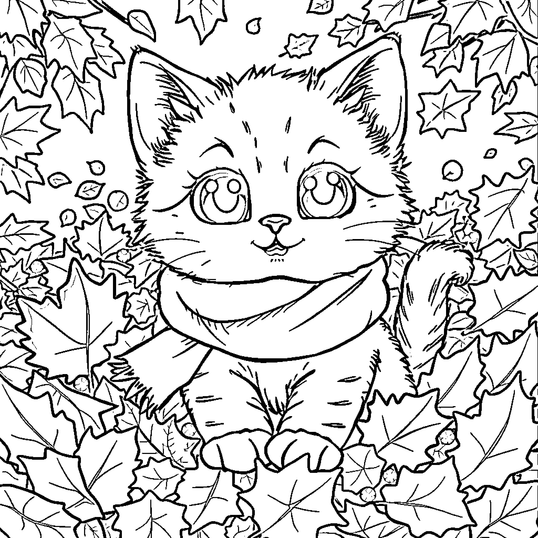 Kitty surrounded by Autumn leaves Coloring Page (free black-and-white line drawing printable PDF for all, from beginners to advanced learners, including children, teens, adults, and seniors)