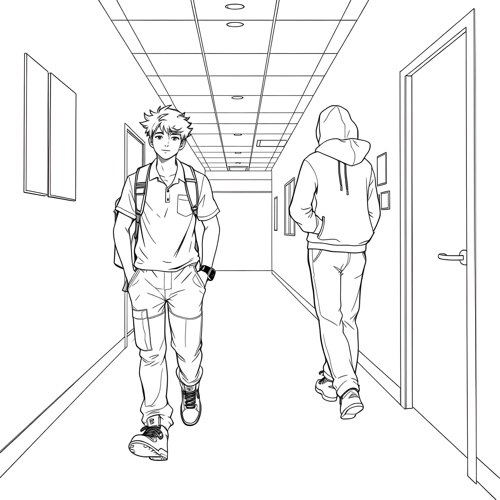 Teen students walking through school hallway Coloring Page (free black-and-white line drawing printable PDF for all, from beginners to advanced learners, including children, teens, adults, and seniors)