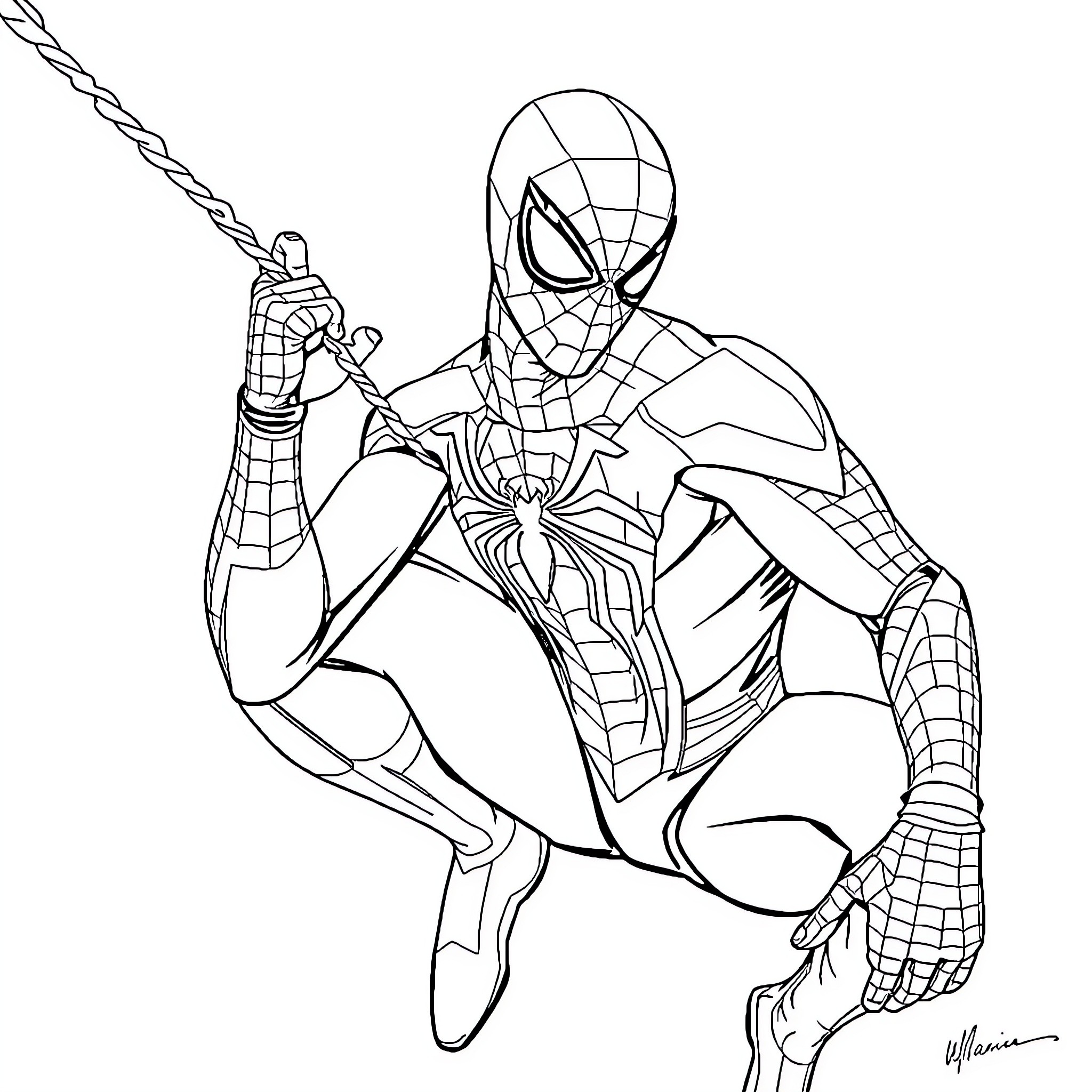 Spiderman in action with web-slinging abilities Coloring Page (free black-and-white line drawing printable PDF for all, from beginners to advanced learners, including children, teens, adults, and seniors)