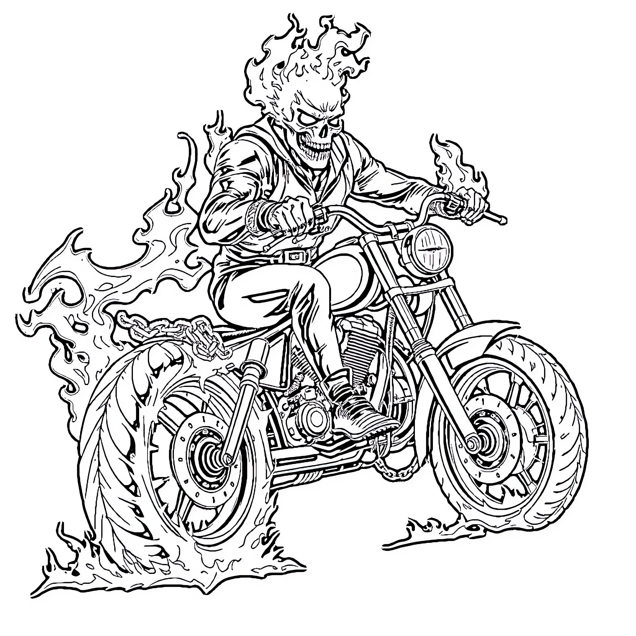 Ghost Rider racing on a flaming motorcycle Coloring Page (free black-and-white line drawing printable PDF for all, from beginners to advanced learners, including children, teens, adults, and seniors)