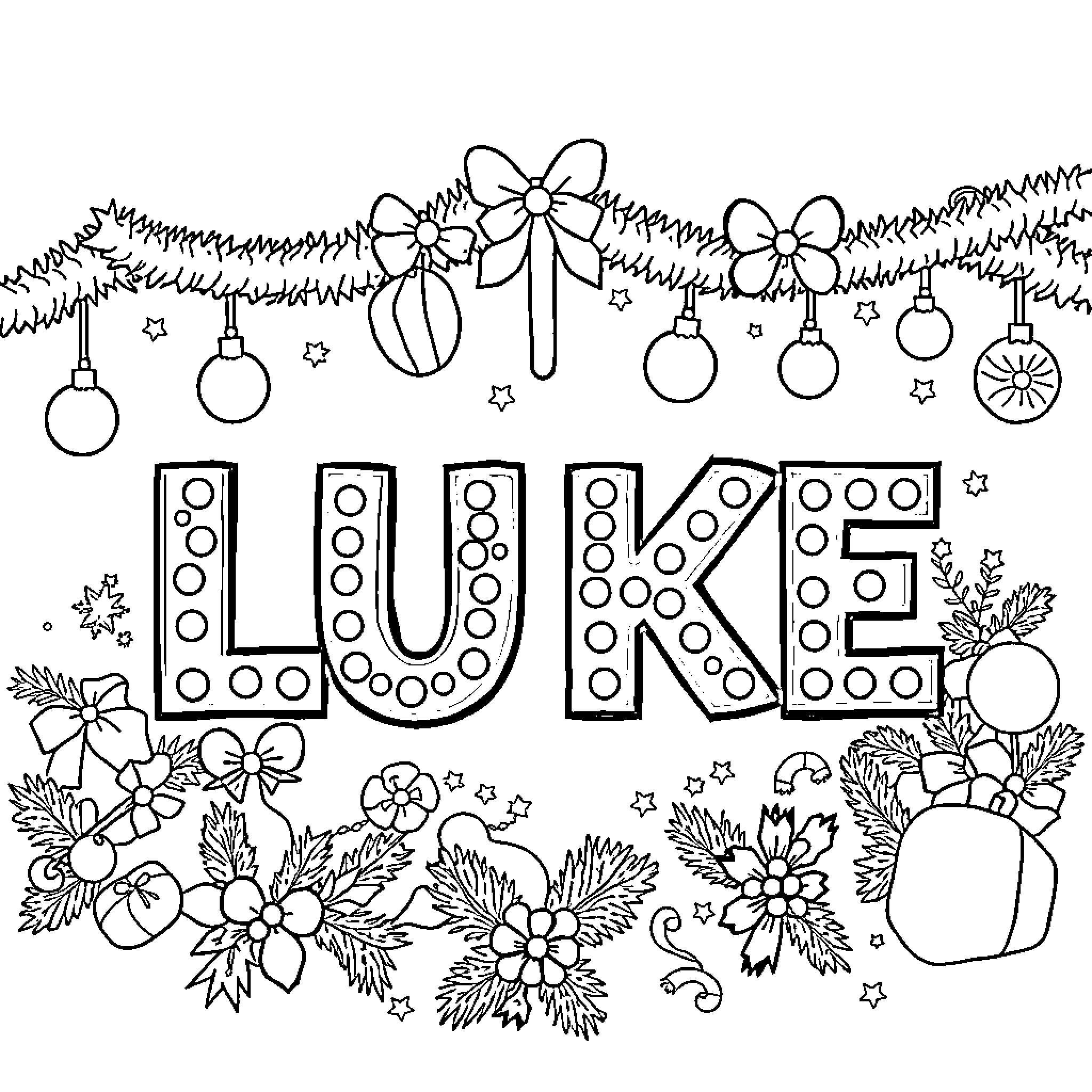 Luke's Festive Holiday Decorations Coloring Page (free black-and-white line drawing printable PDF for all, from beginners to advanced learners, including children, teens, adults, and seniors)