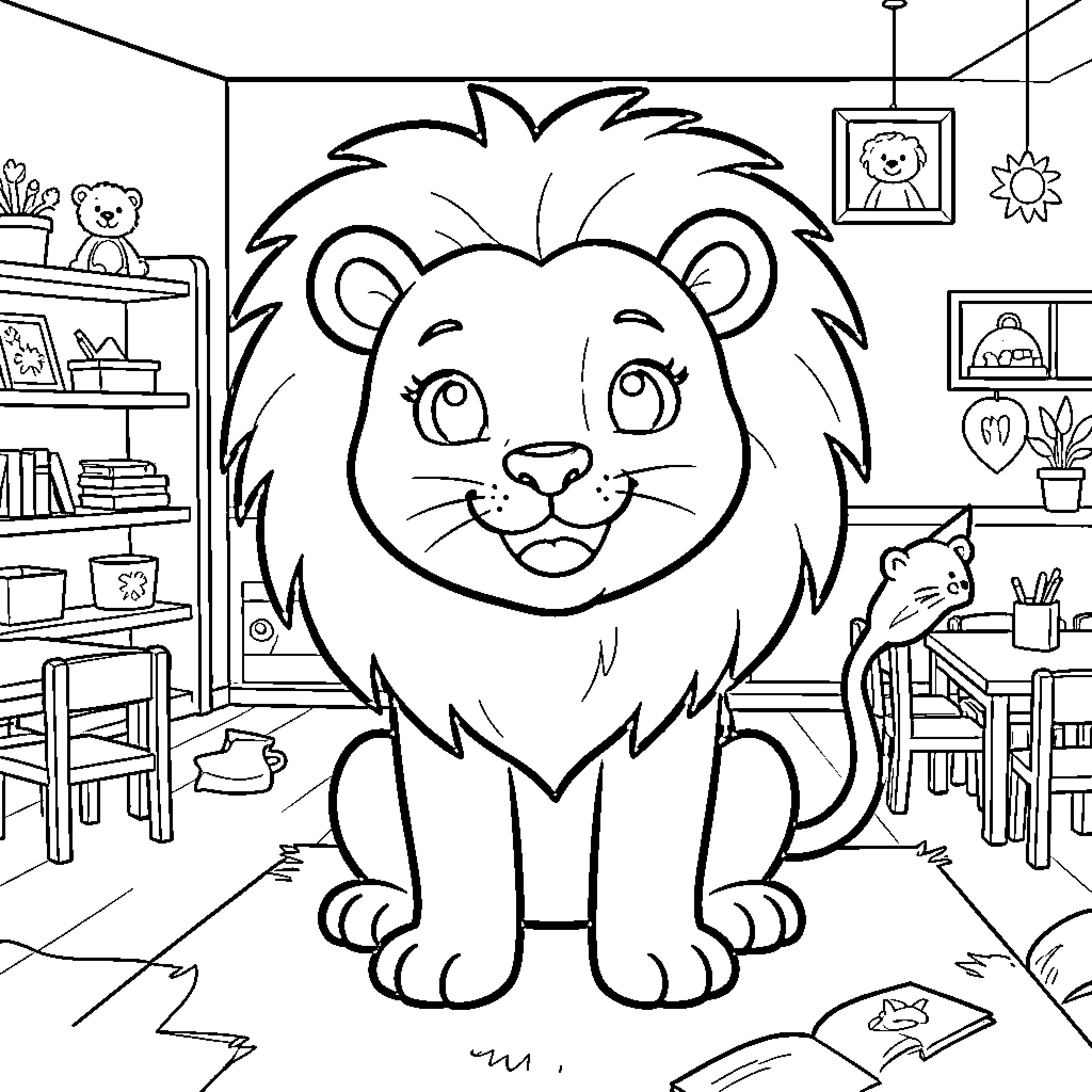 Lion sitting in a cozy room Coloring Page (free black-and-white line drawing printable PDF for all, from beginners to advanced learners, including children, teens, adults, and seniors)