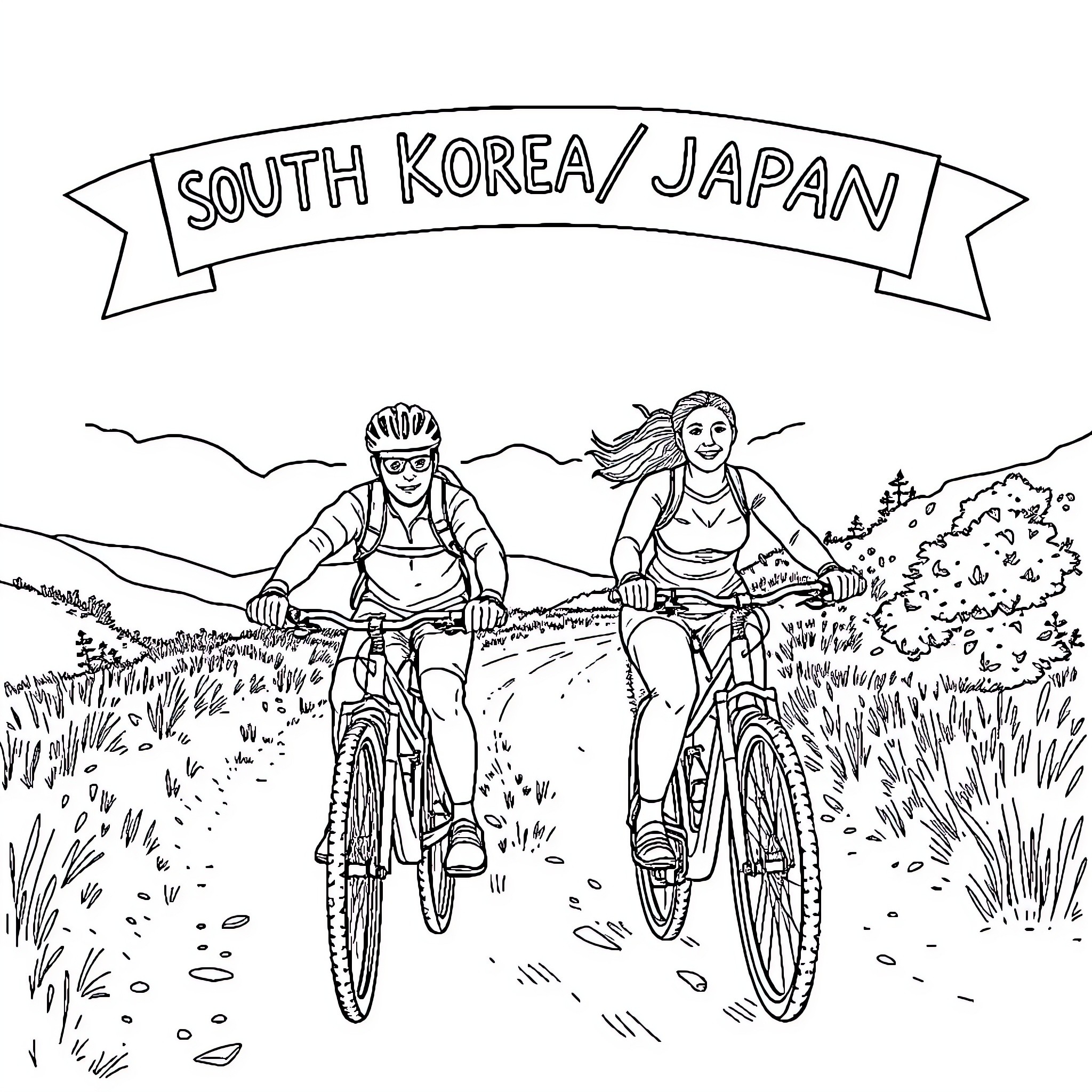 Bicycle riders exploring South Korea and Japan Coloring Page (free black-and-white line drawing printable PDF for all, from beginners to advanced learners, including children, teens, adults, and seniors)
