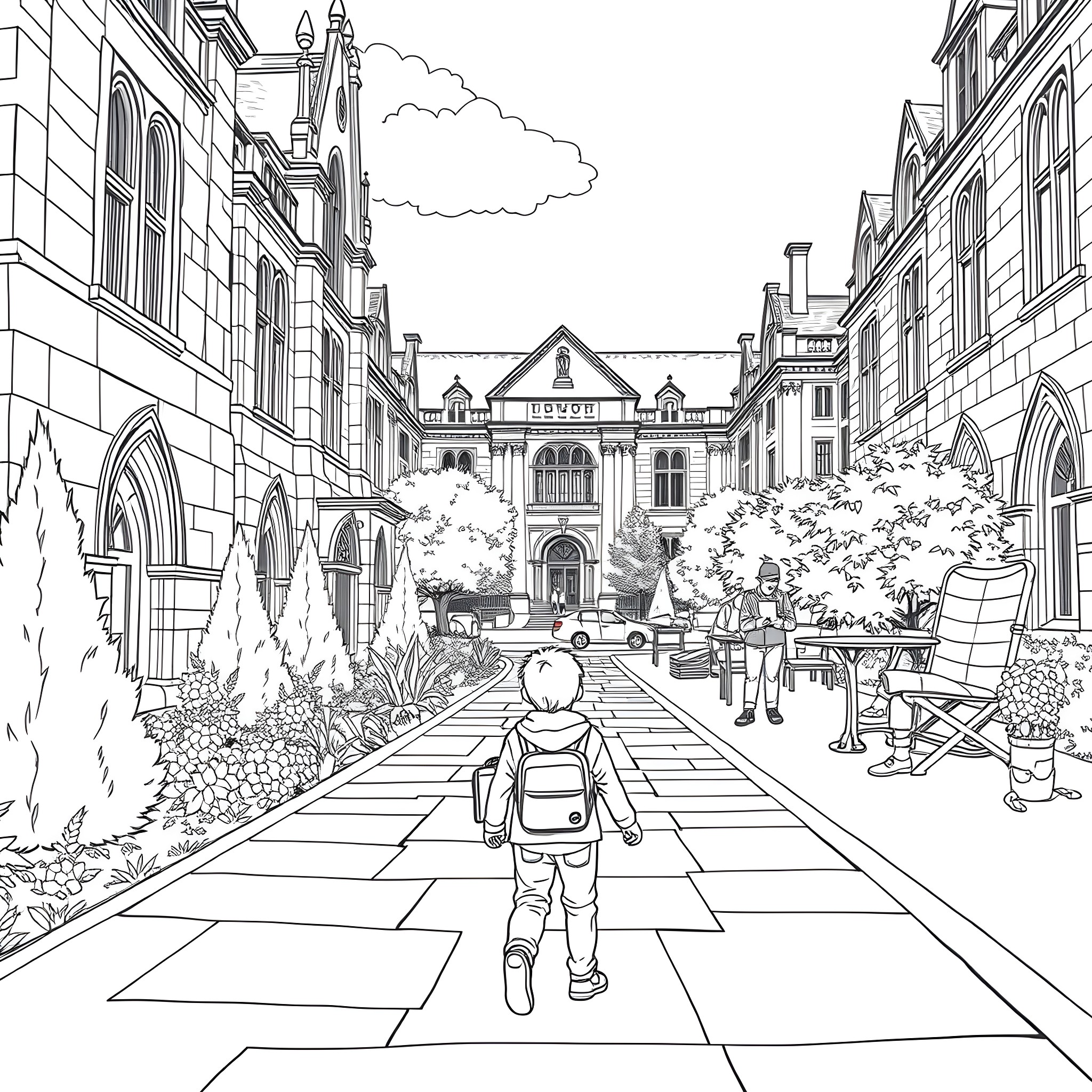 Kid exploring historic town architecture and scenery Coloring Page (free black-and-white line drawing printable PDF for all, from beginners to advanced learners, including children, teens, adults, and seniors)