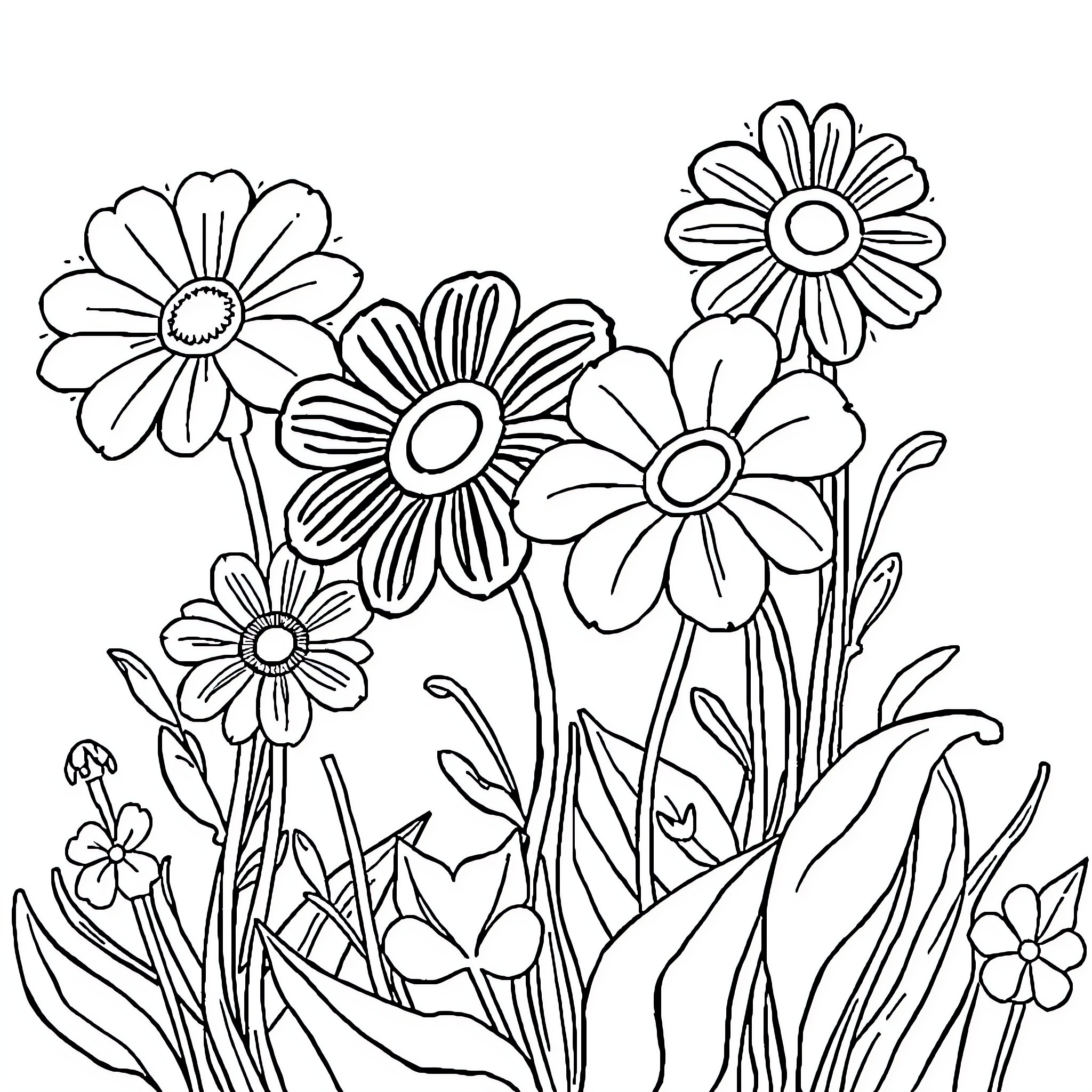 Flower garden with blossoming flowers Coloring Page (free black-and-white line drawing printable PDF for all, from beginners to advanced learners, including children, teens, adults, and seniors)
