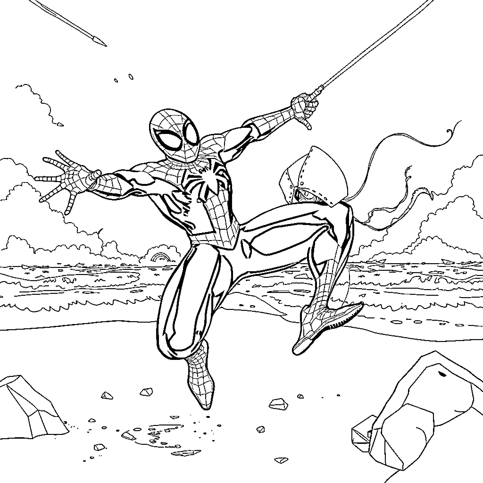 Spider-Man heroically swinging over a coastal scene Coloring Page (free black-and-white line drawing printable PDF for all, from beginners to advanced learners, including children, teens, adults, and seniors)
