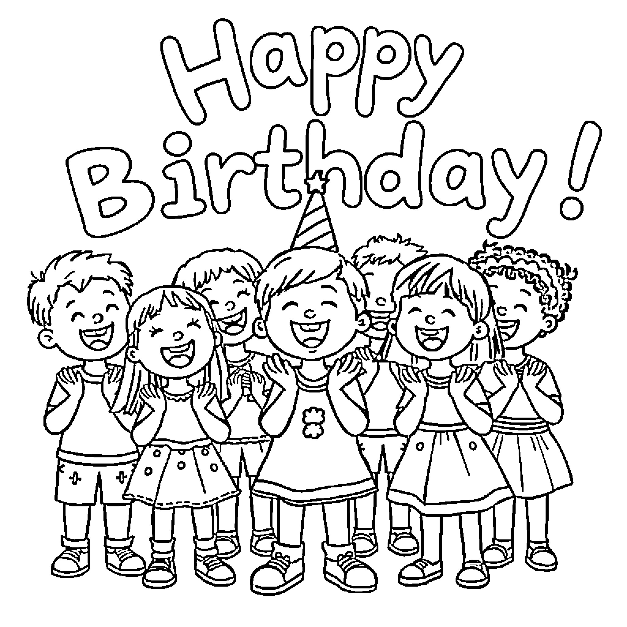 Kid friends celebrating happy birthday together Coloring Page (free black-and-white line drawing printable PDF for all, from beginners to advanced learners, including children, teens, adults, and seniors)