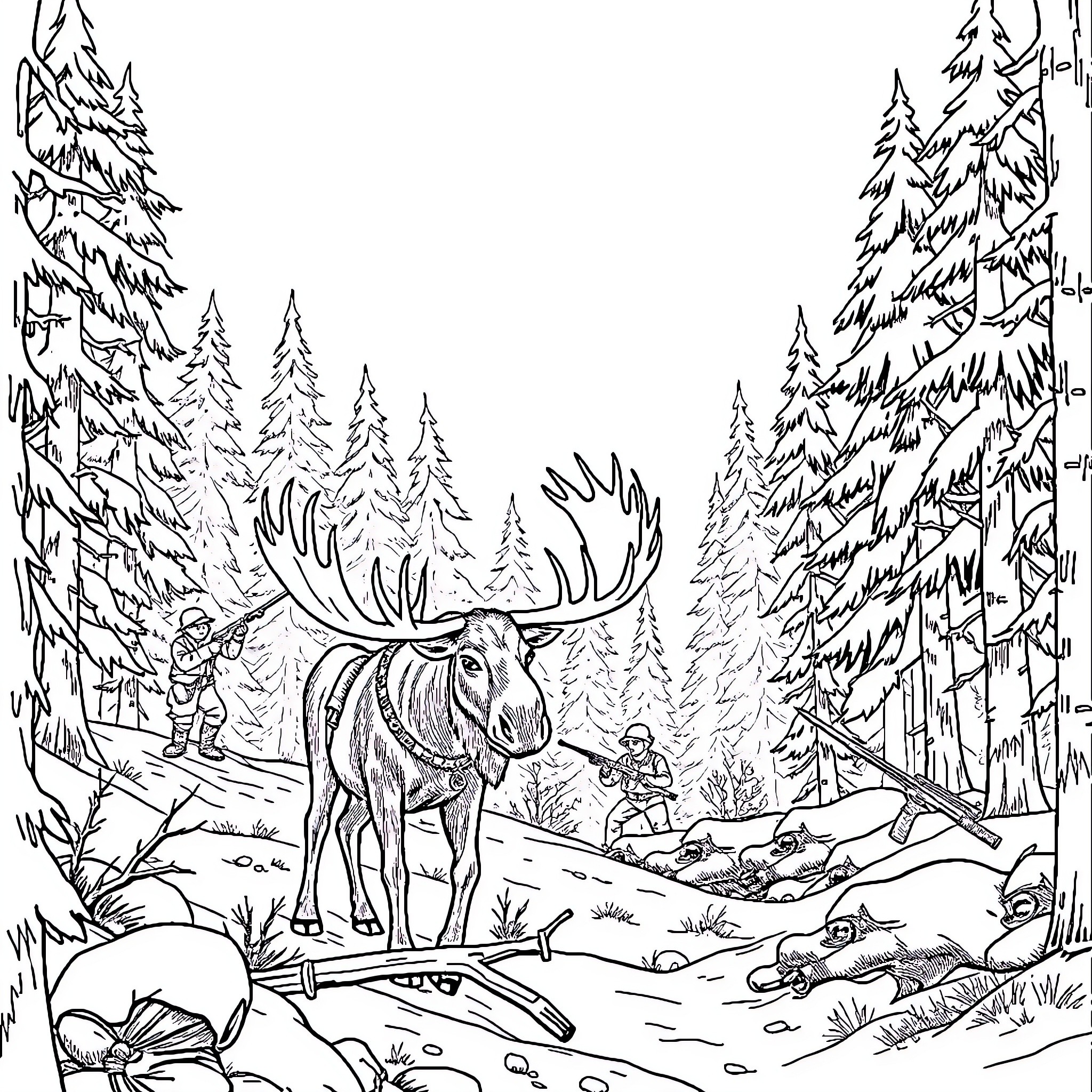 Moose wandering through a snowy forest Coloring Page (free black-and-white line drawing printable PDF for all, from beginners to advanced learners, including children, teens, adults, and seniors)