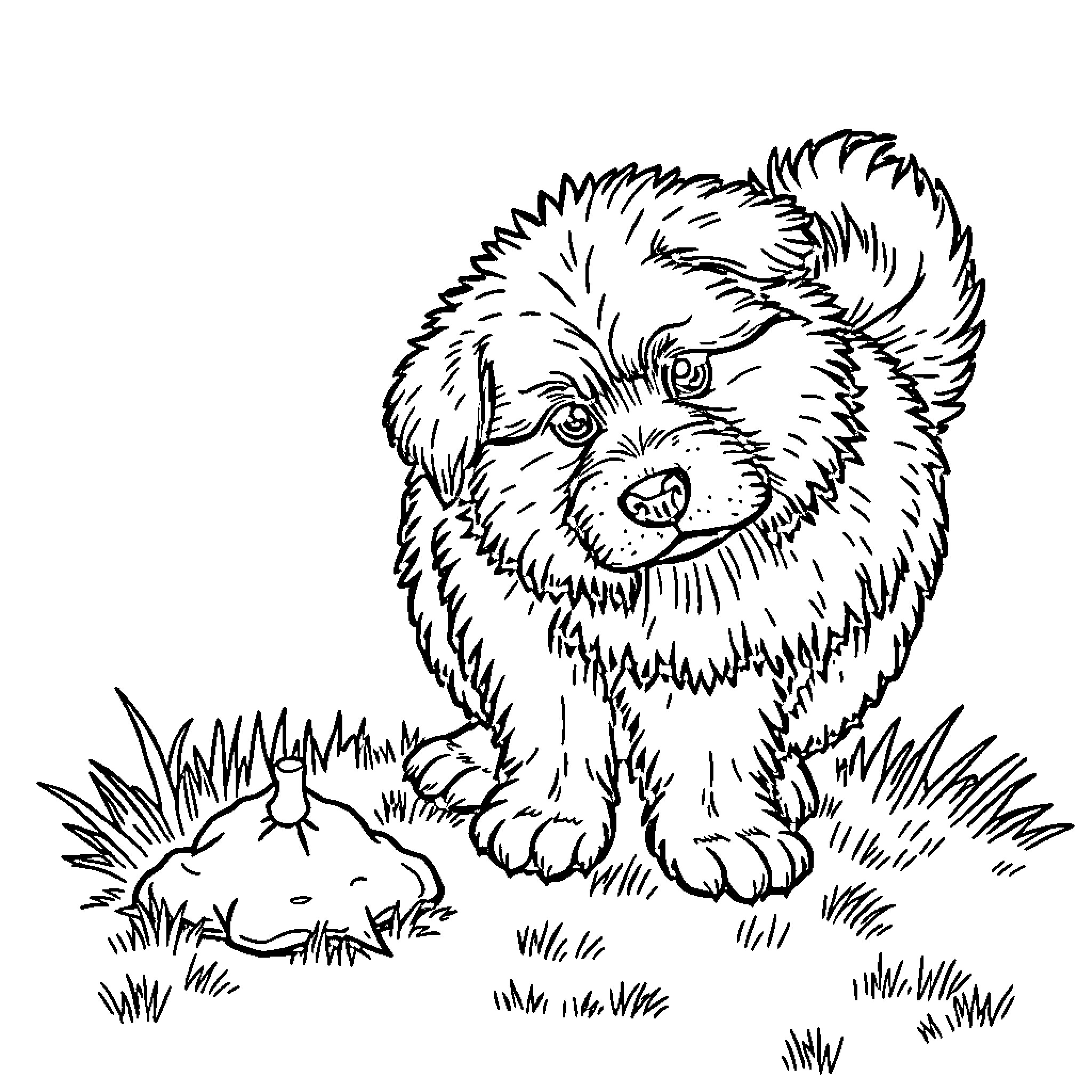 Dog resting in the grass Coloring Page (free black-and-white line drawing printable PDF for all, from beginners to advanced learners, including children, teens, adults, and seniors)