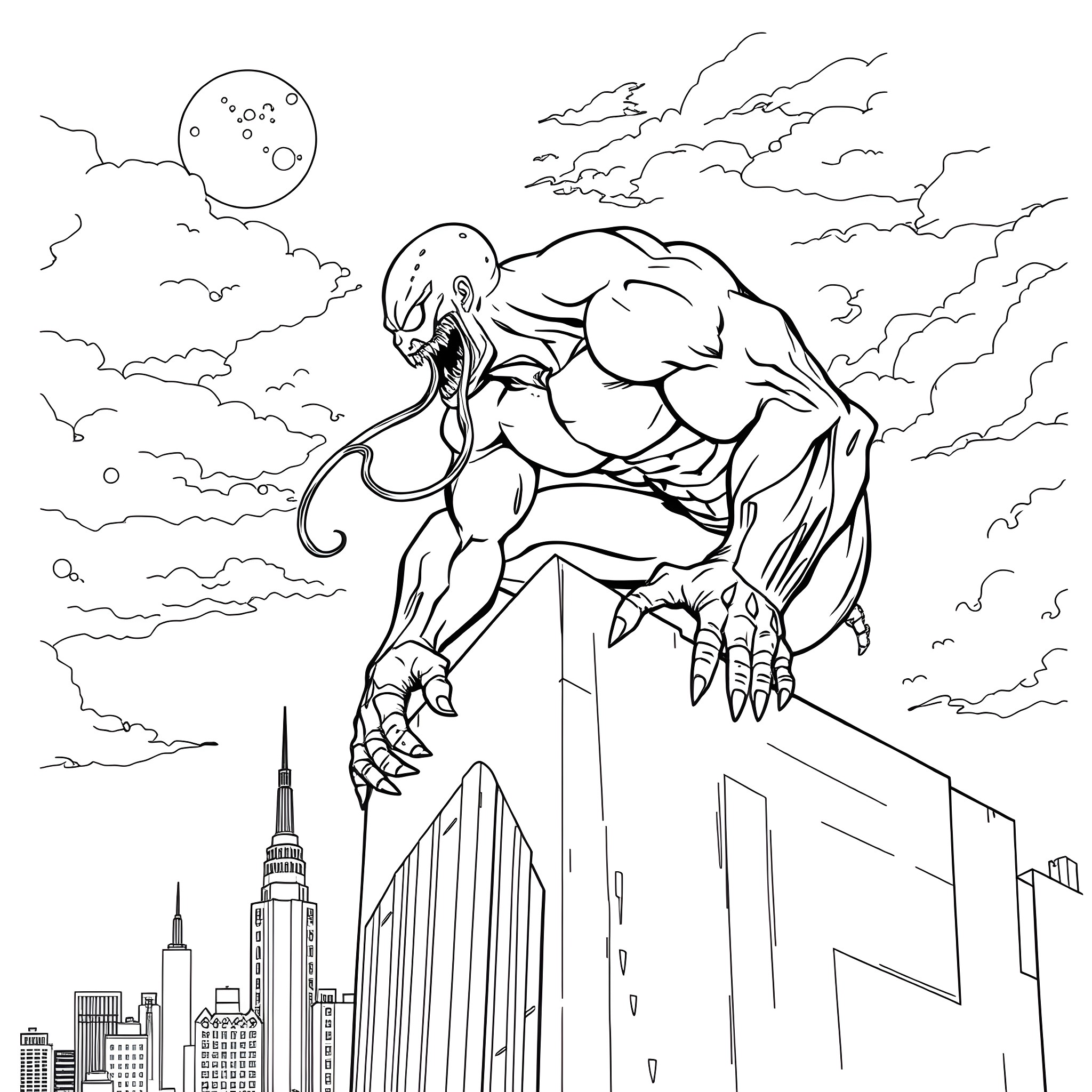 Venom, the Symbiotic Menace Lurking in the City Coloring Page (free black-and-white line drawing printable PDF for all, from beginners to advanced learners, including children, teens, adults, and seniors)