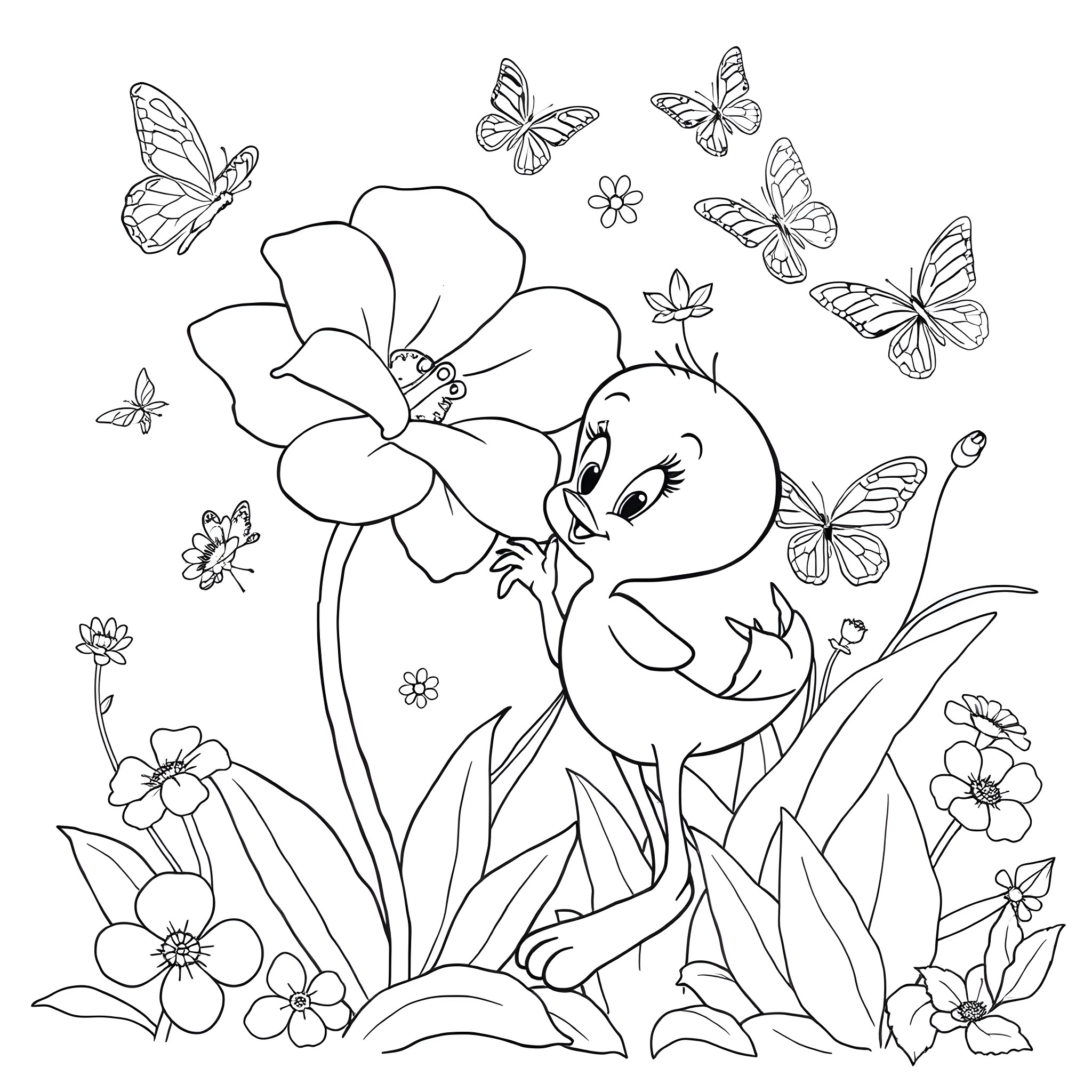 Tweety Bird exploring the floral garden with butterflies Coloring Page (free black-and-white line drawing printable PDF for all, from beginners to advanced learners, including children, teens, adults, and seniors)