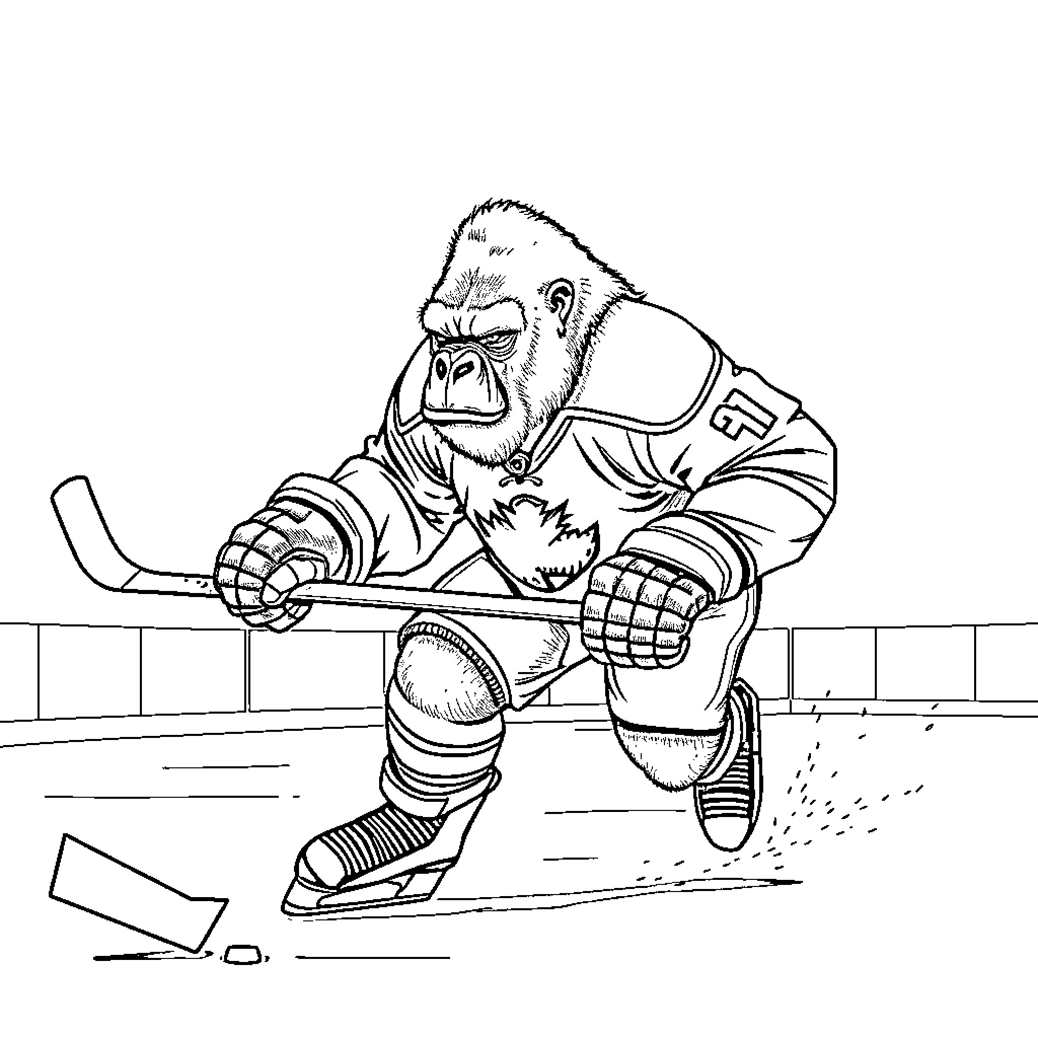 Silverback Gorilla Playing Ice Hockey Coloring Page (free black-and-white line drawing printable PDF for all, from beginners to advanced learners, including children, teens, adults, and seniors)