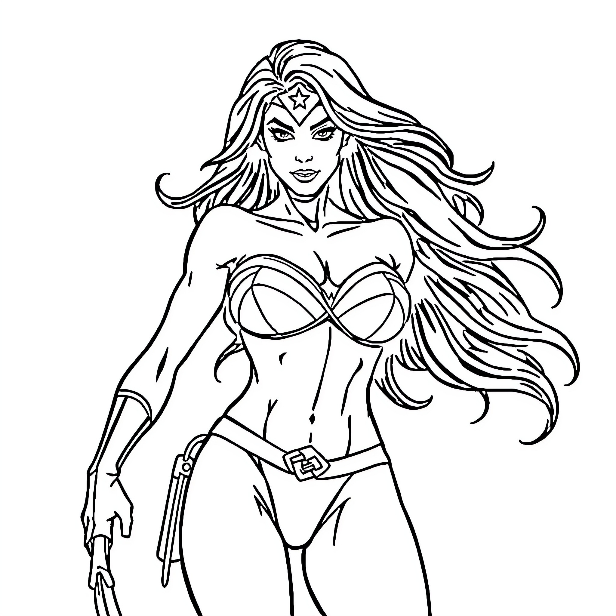 Wonder Woman in heroic battle stance Coloring Page (free black-and-white line drawing printable PDF for all, from beginners to advanced learners, including children, teens, adults, and seniors)