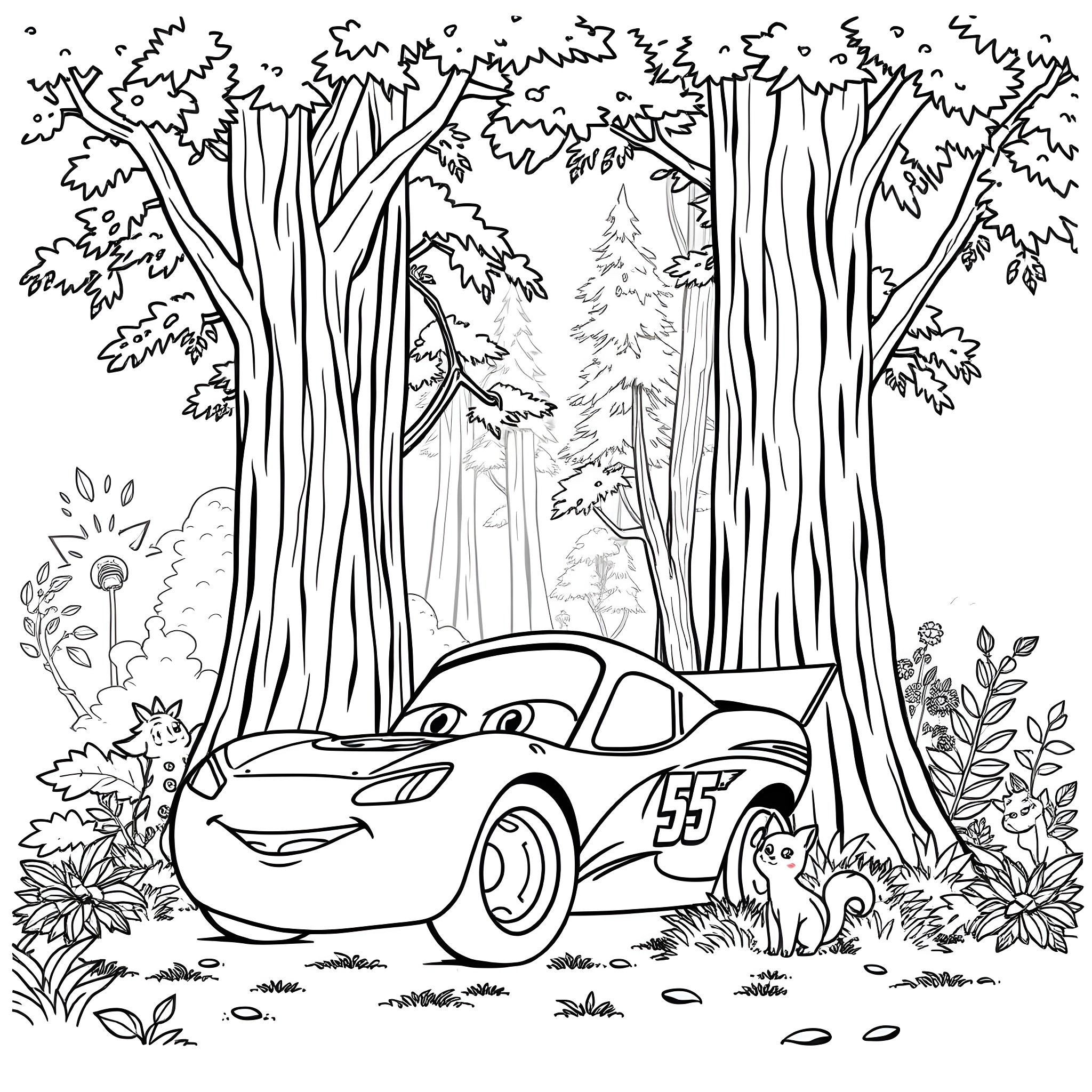 Lightning McQueen in the Enchanted Forest Coloring Page (free black-and-white line drawing printable PDF for all, from beginners to advanced learners, including children, teens, adults, and seniors)