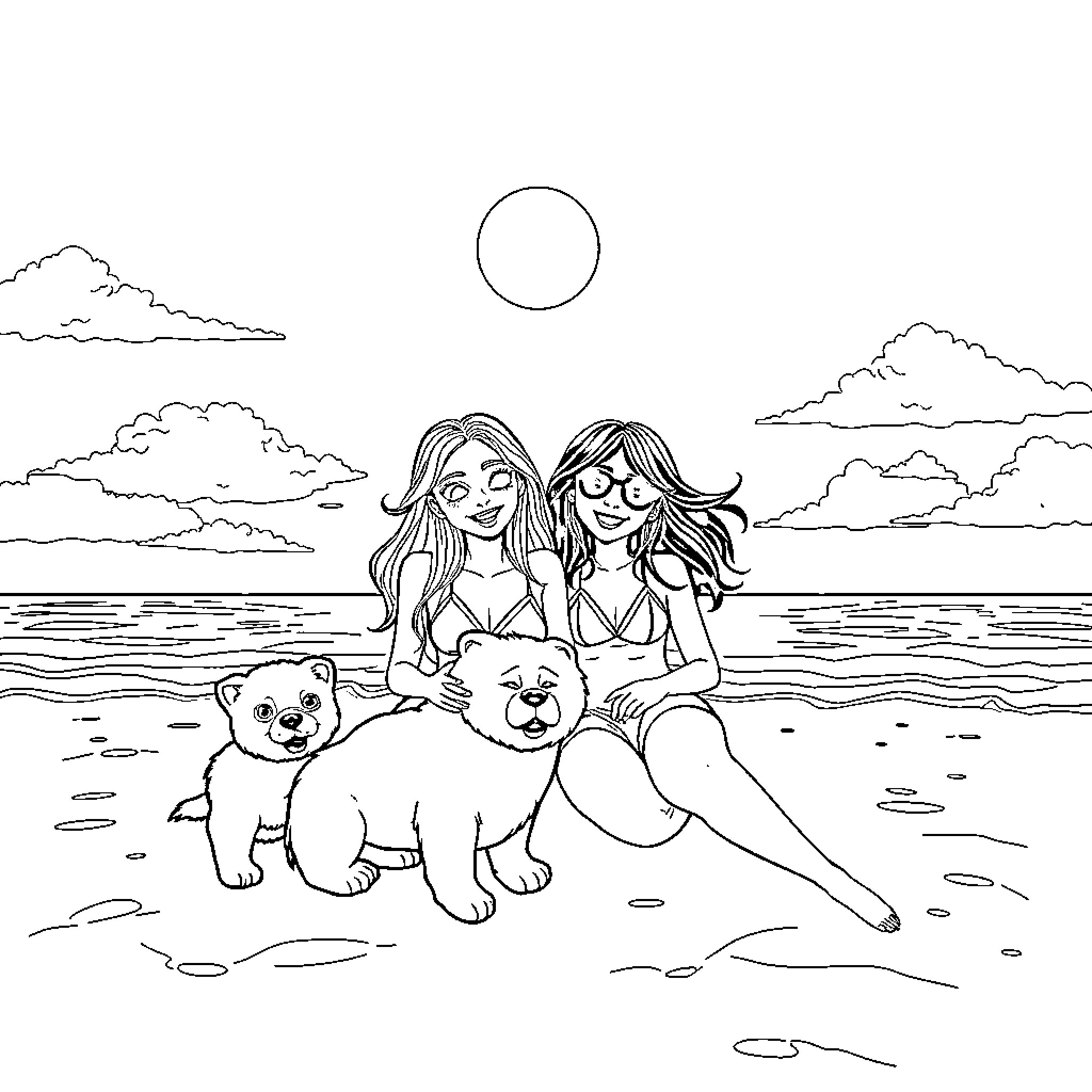 Goth Mommy and daughter relax with polar bears on the beach Coloring Page (free black-and-white line drawing printable PDF for all, from beginners to advanced learners, including children, teens, adults, and seniors)