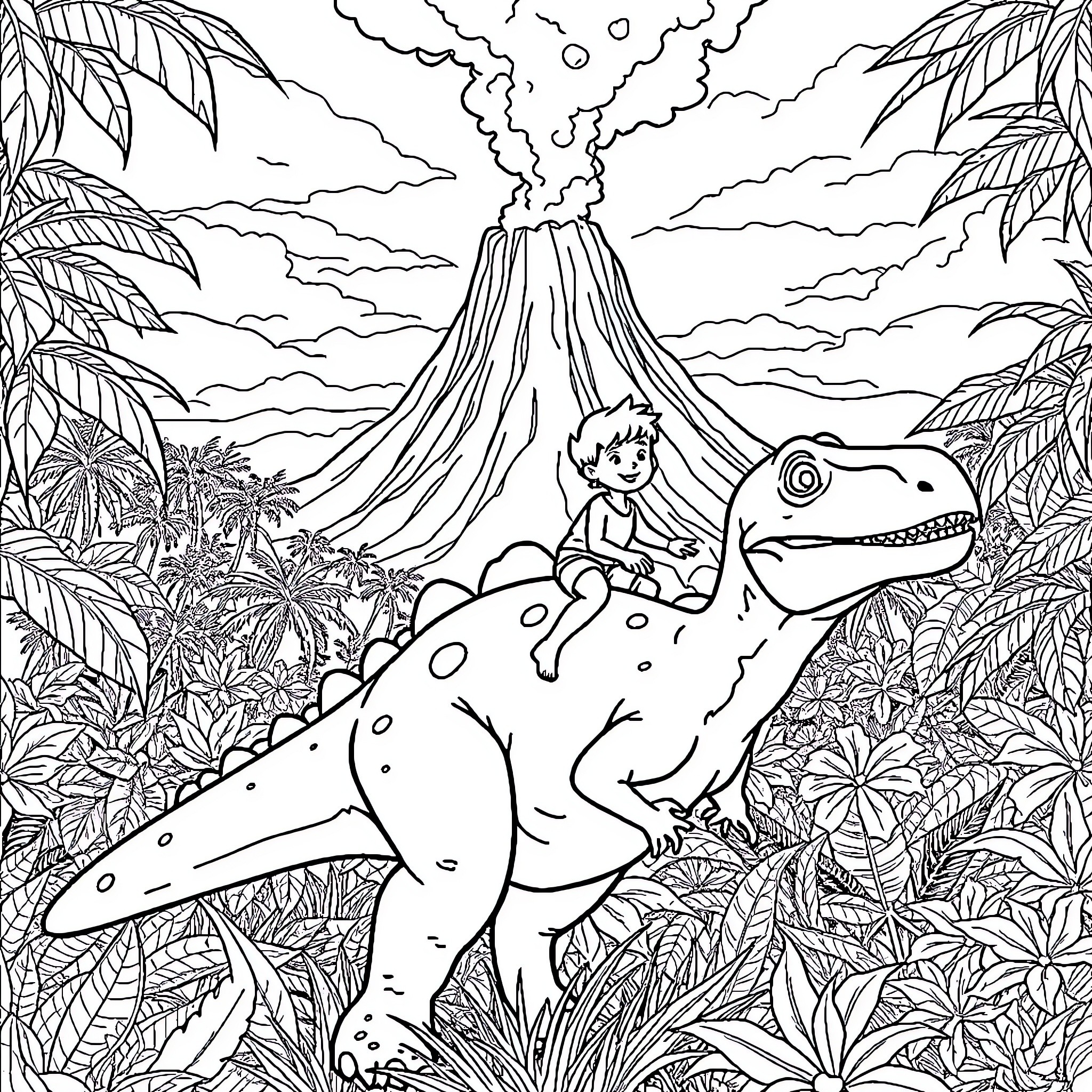 Giganotosaurus exploring the prehistoric landscape Coloring Page (free black-and-white line drawing printable PDF for all, from beginners to advanced learners, including children, teens, adults, and seniors)
