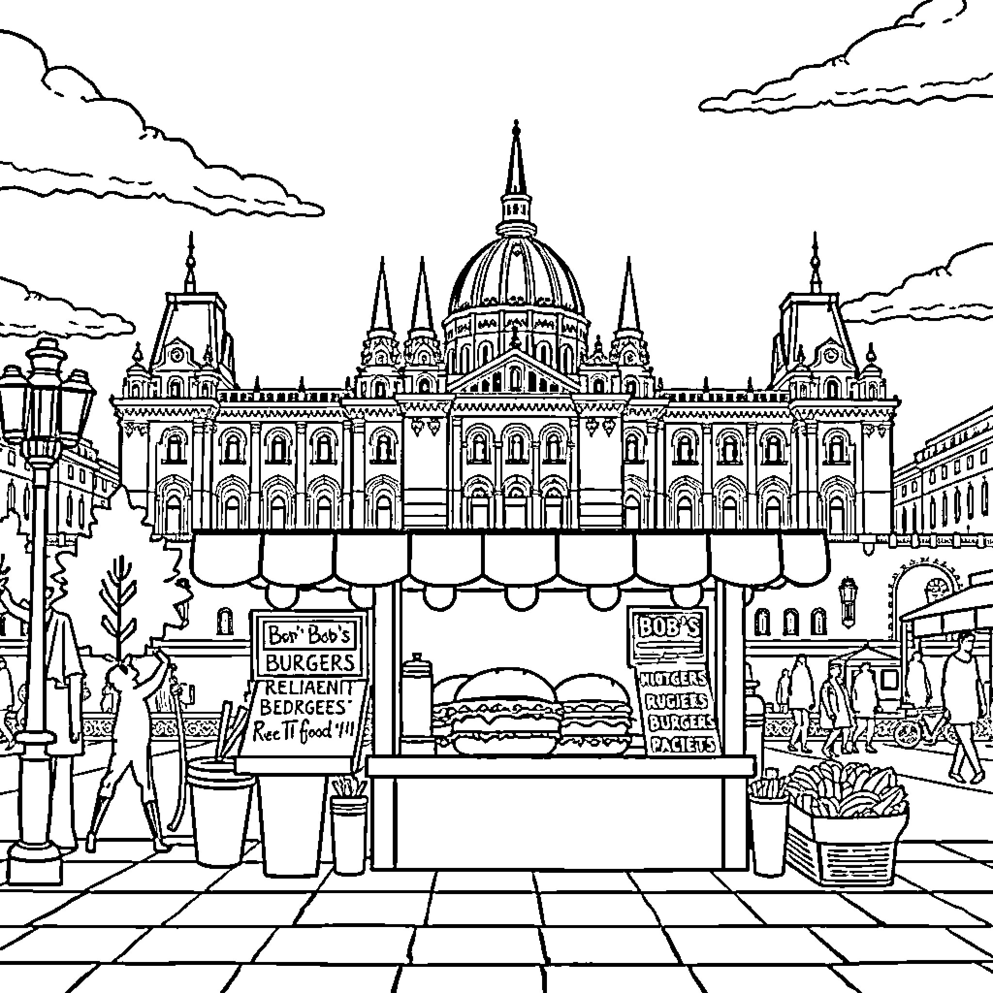 Burgers in the Bustling City Square Coloring Page (free black-and-white line drawing printable PDF for all, from beginners to advanced learners, including children, teens, adults, and seniors)