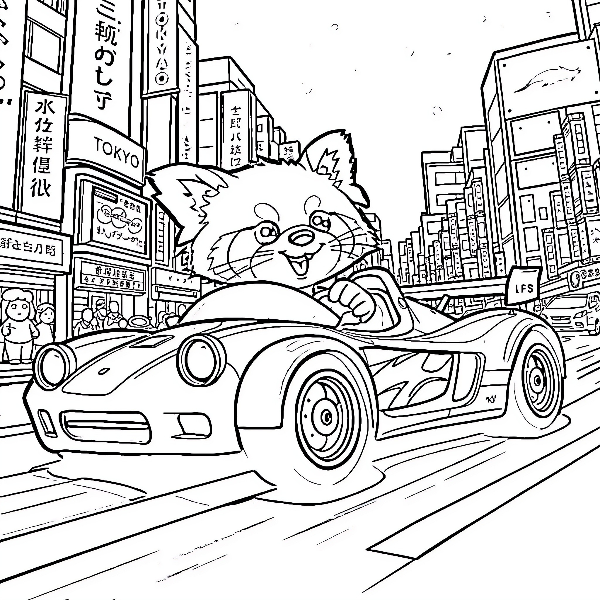 Panda driving speedily through the city streets Coloring Page (free black-and-white line drawing printable PDF for all, from beginners to advanced learners, including children, teens, adults, and seniors)