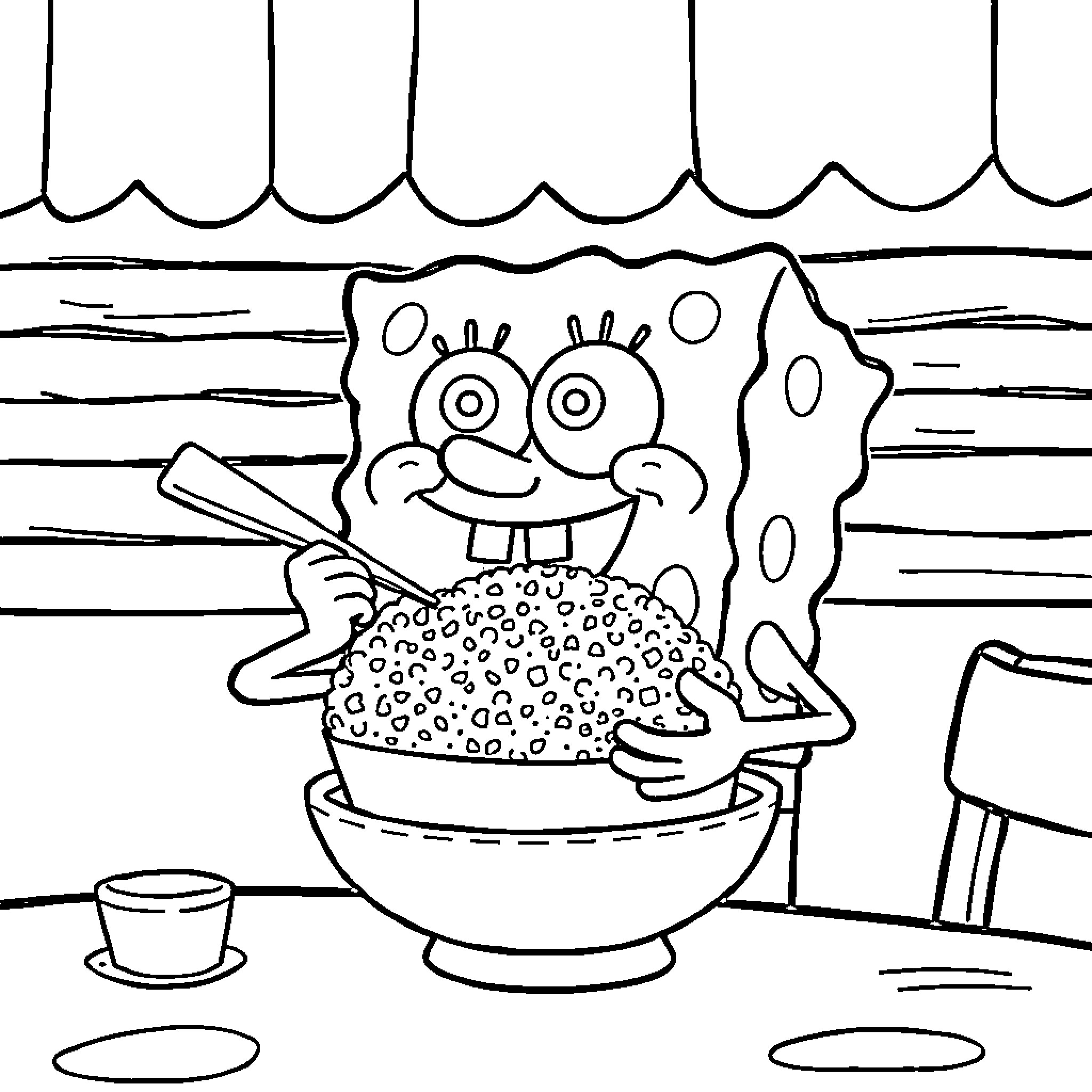 Spongebob preparing a tasty meal in the kitchen Coloring Page (free black-and-white line drawing printable PDF for all, from beginners to advanced learners, including children, teens, adults, and seniors)