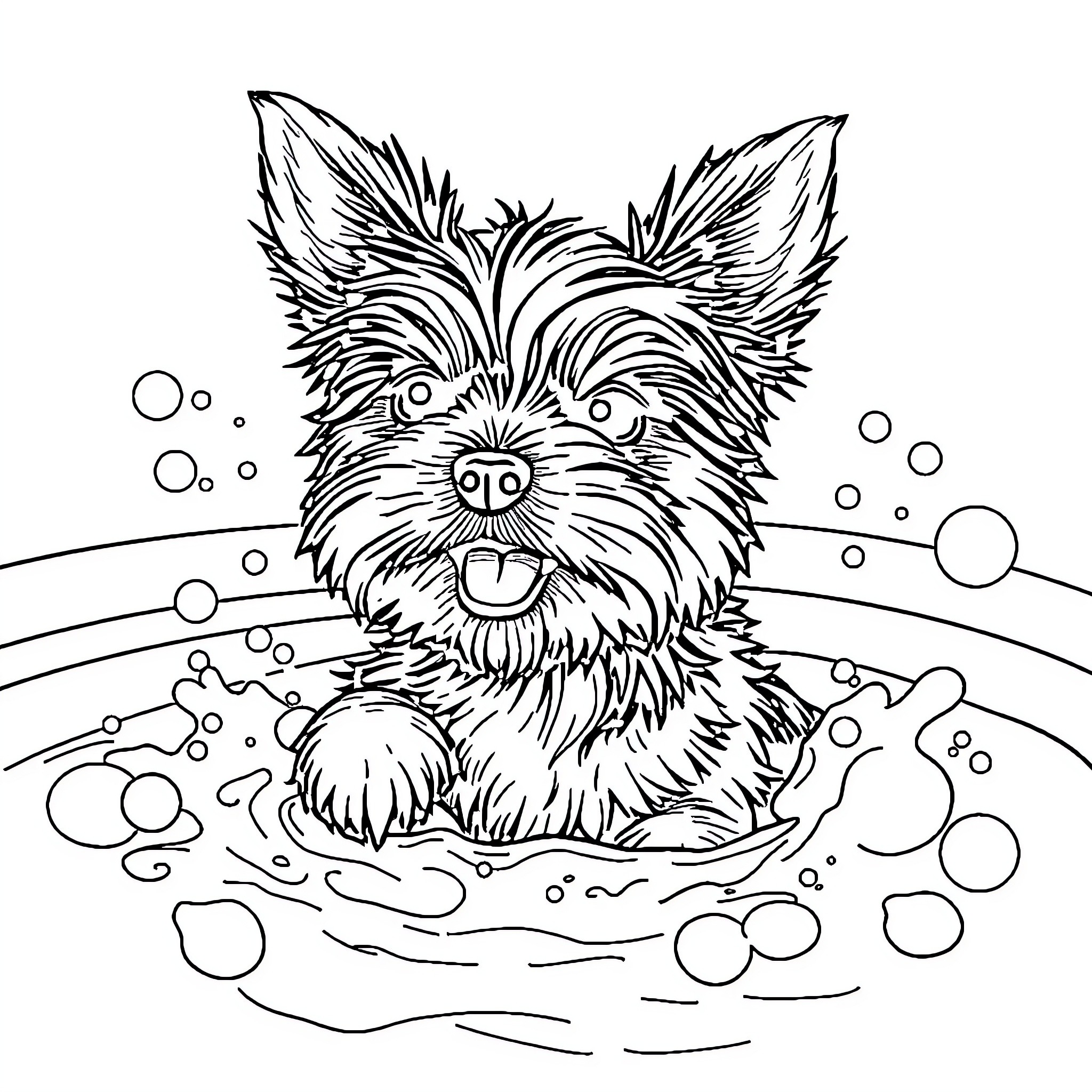 Yorkie playing happily in the bubbles Coloring Page (free black-and-white line drawing printable PDF for all, from beginners to advanced learners, including children, teens, adults, and seniors)