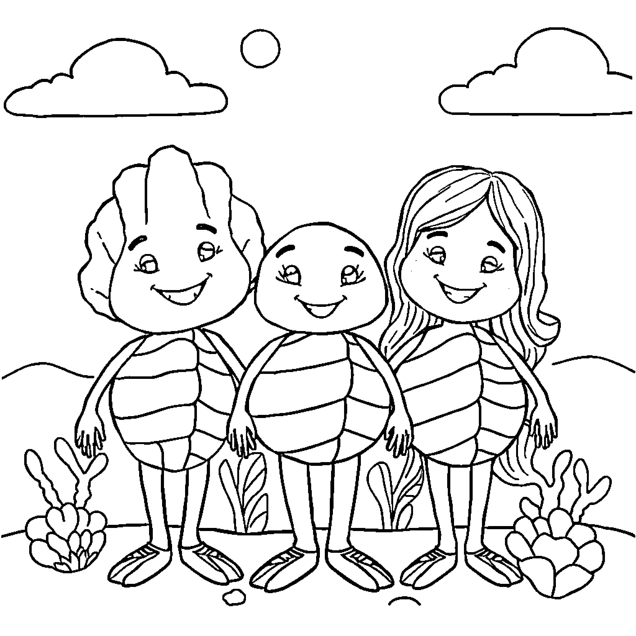 Seashell friends enjoying the beach Coloring Page (free black-and-white line drawing printable PDF for all, from beginners to advanced learners, including children, teens, adults, and seniors)