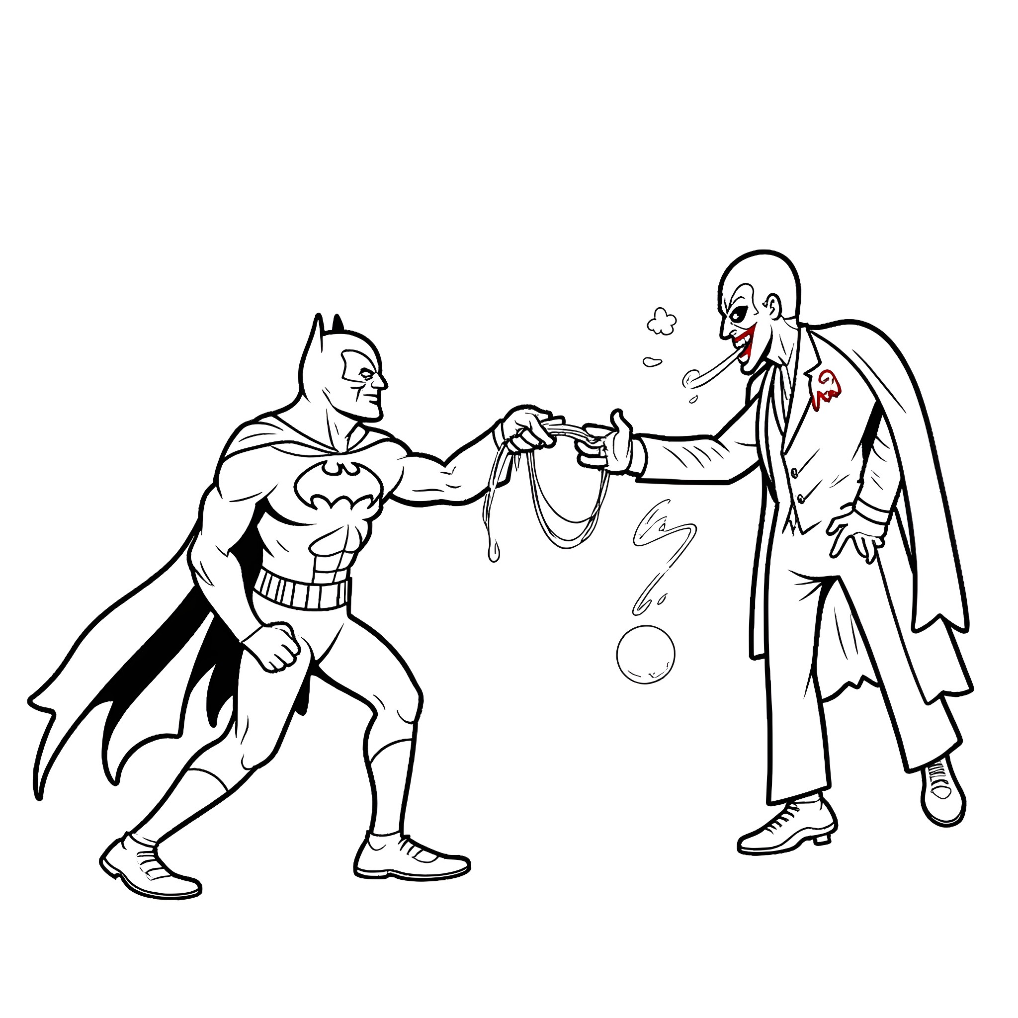Batman fighting against the villainous Joker Coloring Page (free black-and-white line drawing printable PDF for all, from beginners to advanced learners, including children, teens, adults, and seniors)